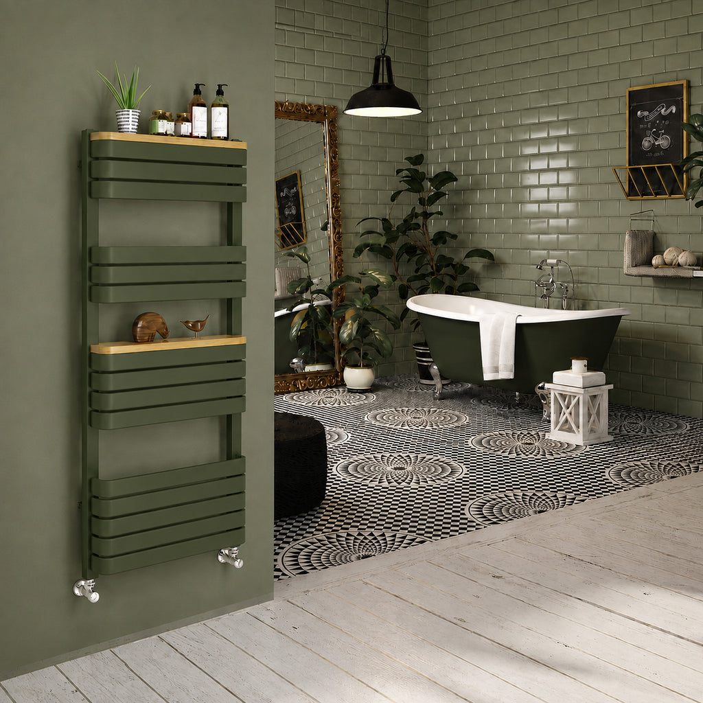 DQ TESORO, 1200h x 500w(mm), 2678 BTUs Heated Towel Rail, RAL 6025 Matt Fern Green