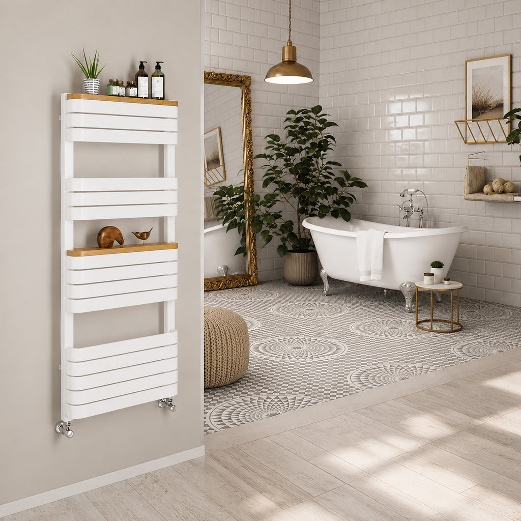 DQ TESORO, 1200h x 500w(mm), 2678 BTUs Heated Towel Rail, RAL 9016 Silk White