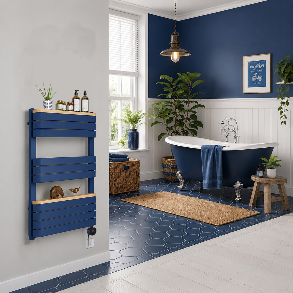 DQ TESORO, 800h x 500w(mm), 300w Electric Towel Rail, RAL 5005 Matt Signal Blue (wi-fi controlled with TERMA VEO Element in Black/Midnight Blue, 15-28 ¡C)
