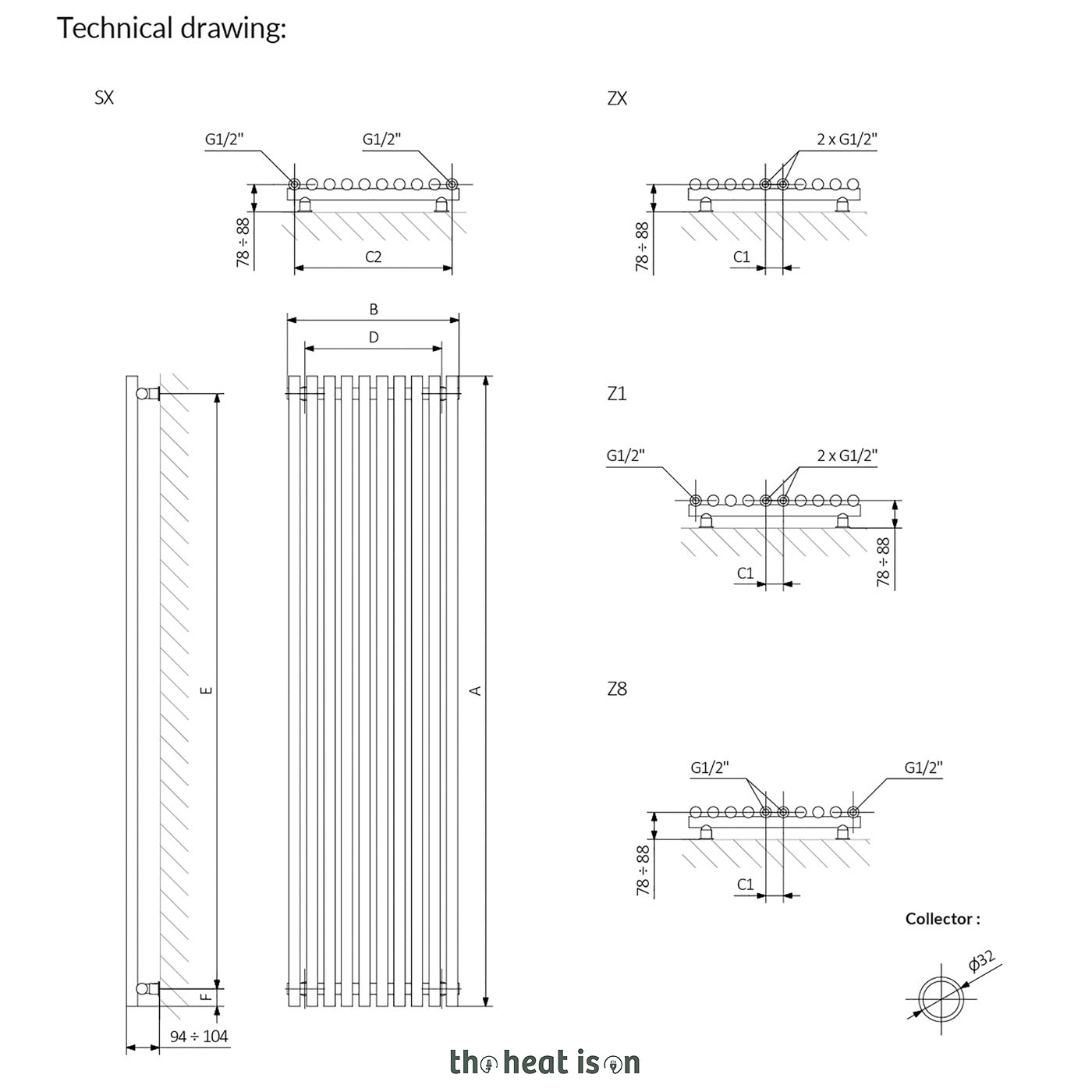 Terma TUNE VWS, 1800h x 490w(mm), 3631 BTUs, Vertical Designer Radiator, RAL 9016 Matt White