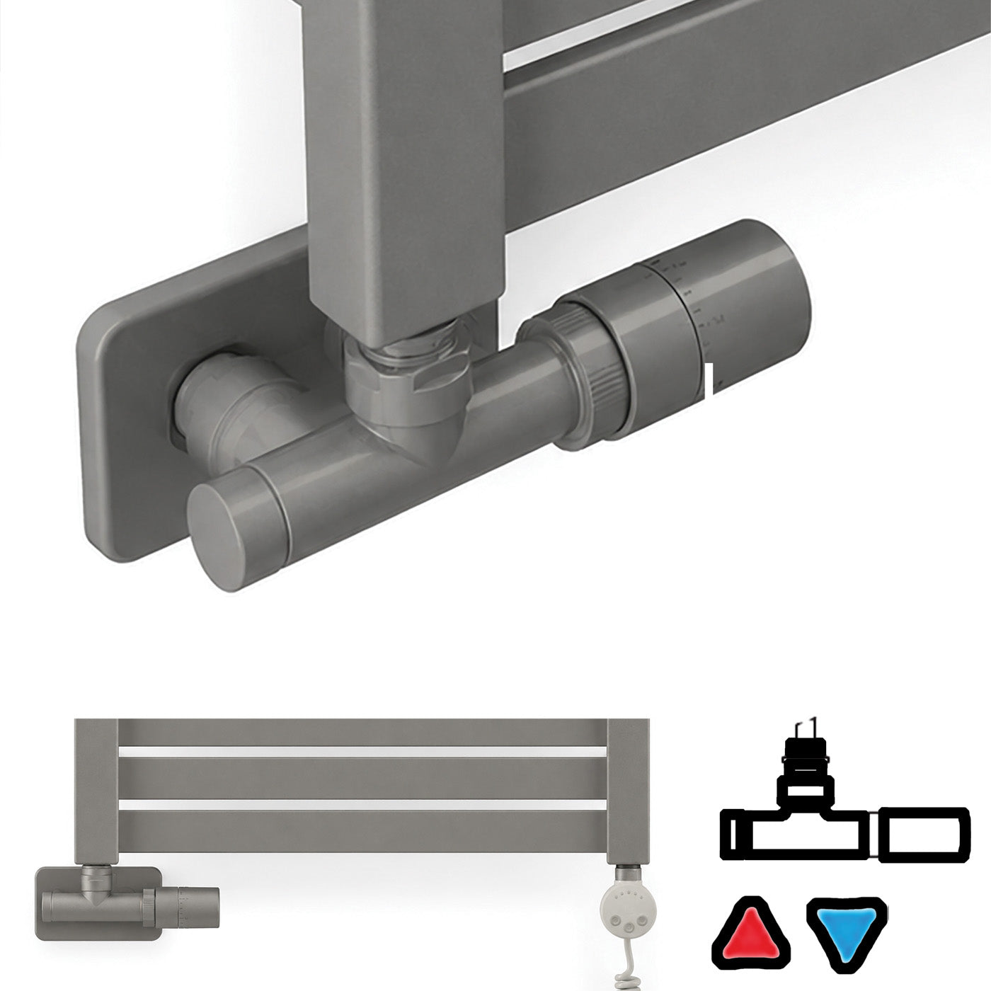 Thermostatic 50mm Radiator Valves (TRVs) with Immersion Tube (for Dual Fuel or Single Entry Point Radiator) & Pipe Masking, Inox Grey, RIGHT SIDED, ANGLED, UNICO