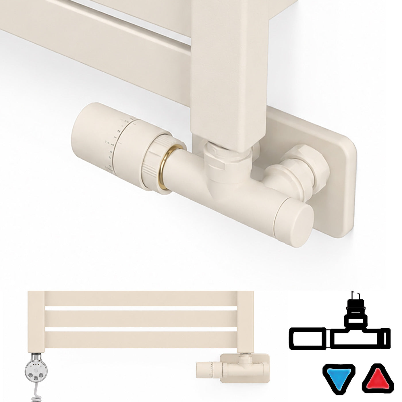 Thermostatic 50mm Radiator Valves (TRVs) with Immersion Tube (for Dual Fuel or Single Entry Point Radiator) & Pipe Masking, Sparkliing Cream, LEFT SIDED, ANGLED, UNICO