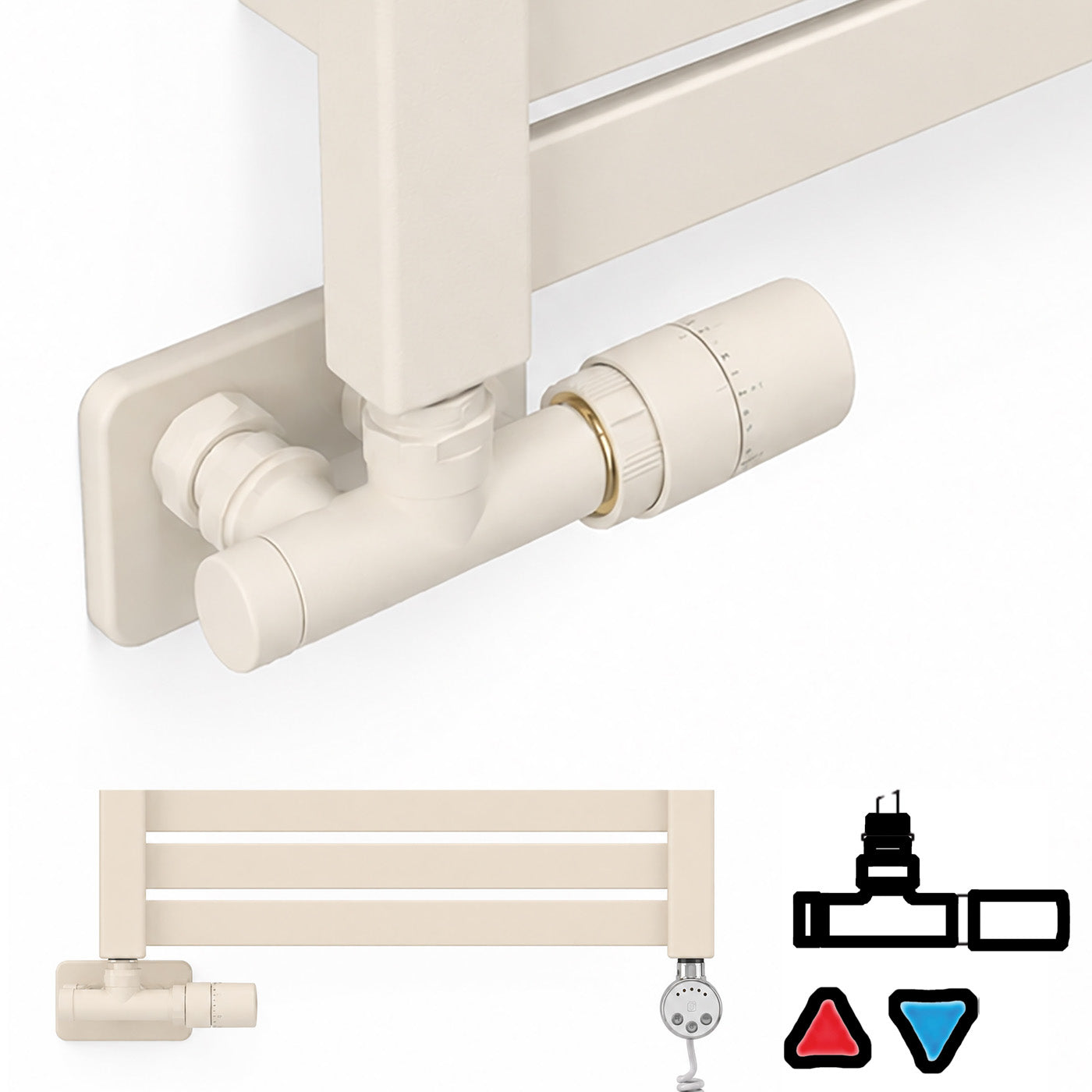 Thermostatic 50mm Radiator Valves (TRVs) with Immersion Tube (for Dual Fuel or Single Entry Point Radiator) & Pipe Masking, Sparkliing Cream, RIGHT SIDED, ANGLED, UNICO