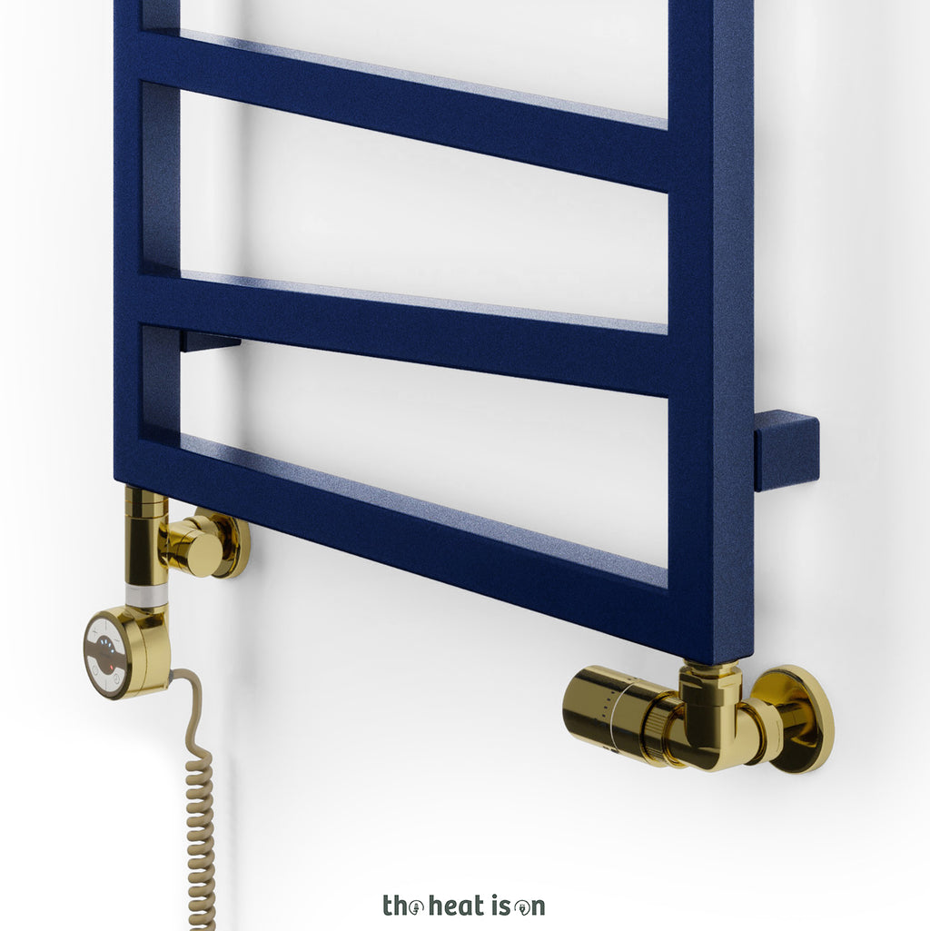 Thermostatic Radiator Valves (TRVs) with Integrated T Piece (for Dual Fuel) & Pipe Masking, Gold, RIGHT SIDED, 3 AXIS (CORNER), INTEGRA