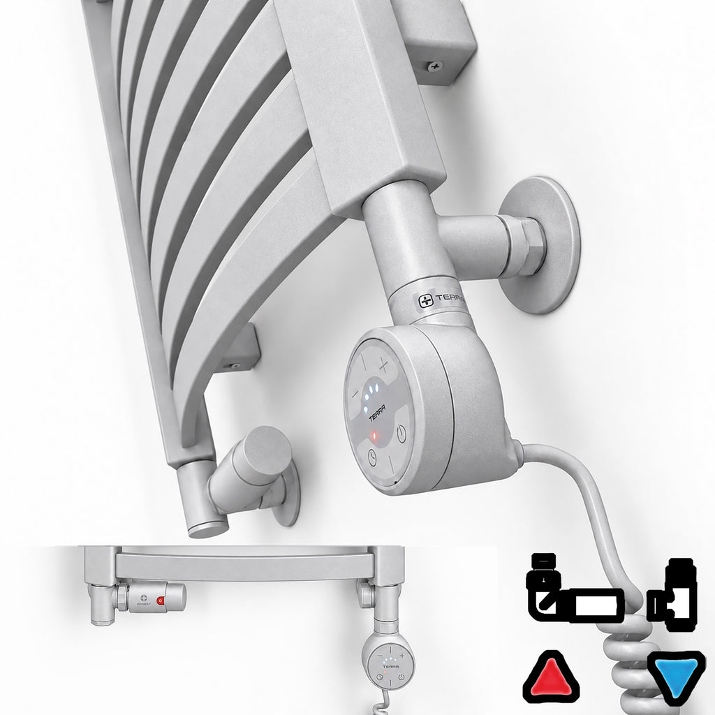 Thermostatic Radiator Valves (TRVs) with Integrated T Piece (for Dual Fuel) & Pipe Masking, Matt Silver, LEFT SIDED, 3 AXIS (CORNER), INTEGRA