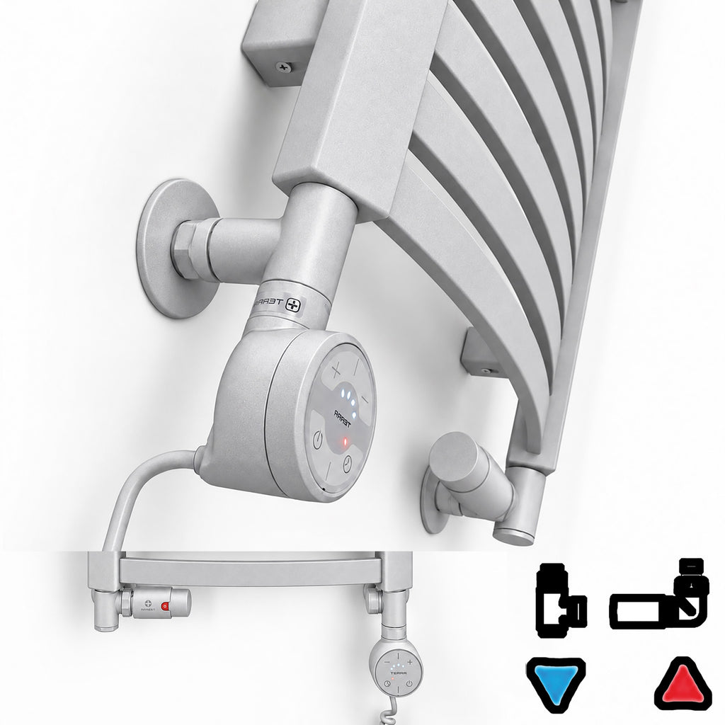 Thermostatic Radiator Valves (TRVs) with Integrated T Piece (for Dual Fuel) & Pipe Masking, Matt Silver, RIGHT SIDED, 3 AXIS (CORNER), INTEGRA