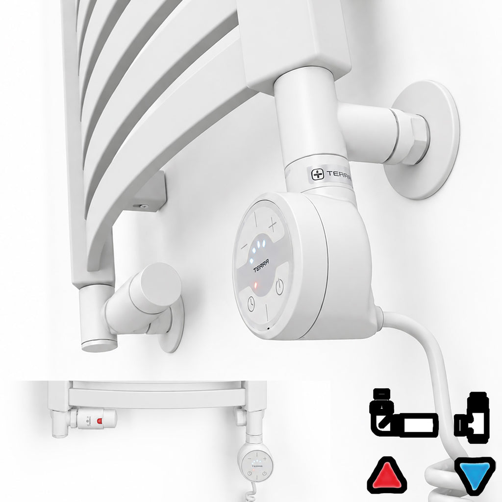 Thermostatic Radiator Valves (TRVs) with Integrated T Piece (for Dual Fuel) & Pipe Masking, Matt White RAL 9016, LEFT SIDED, 3 AXIS (CORNER), INTEGRA