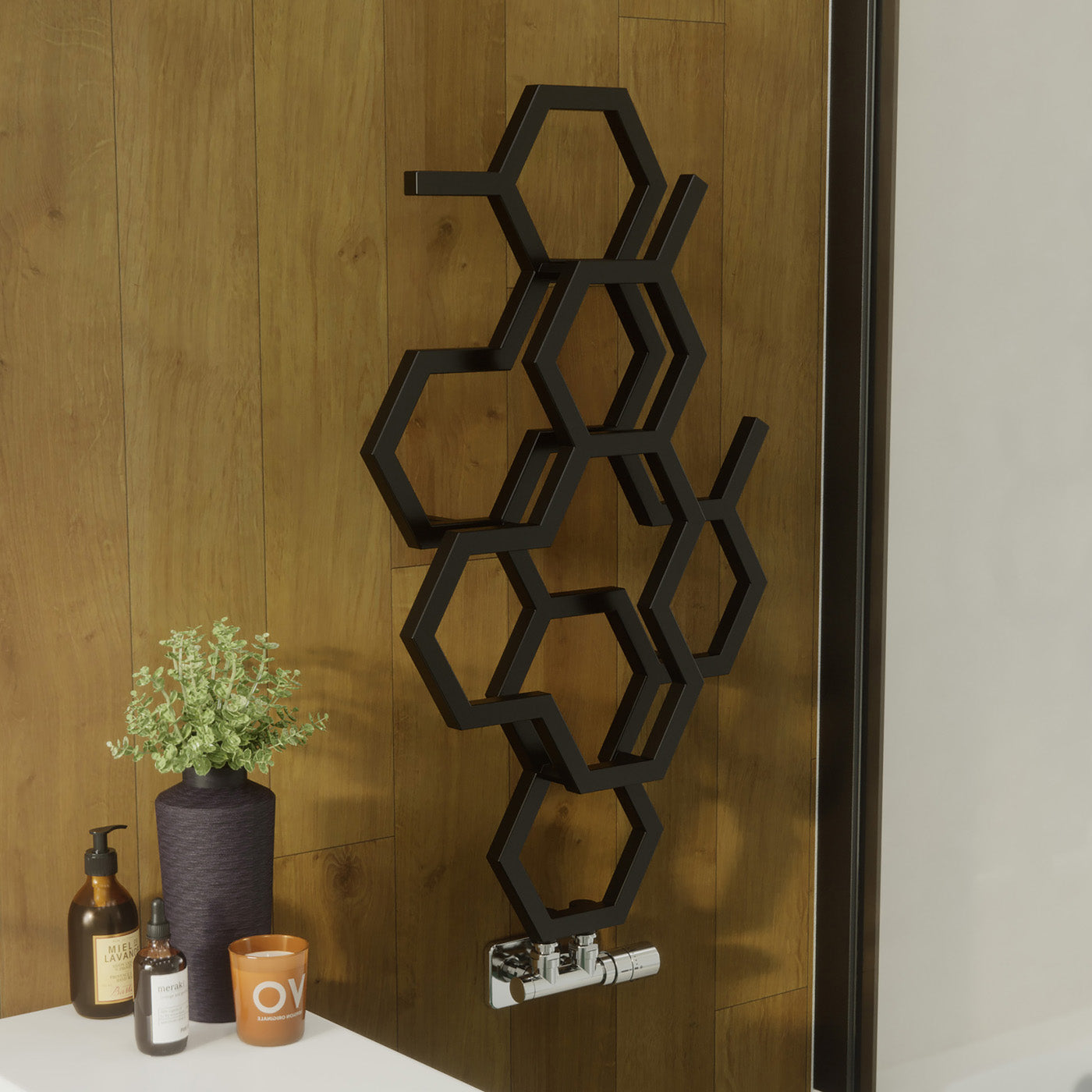 01_Terma-HEX_-821h-x-486w_mm_-846-BTUs-Heated-Towel-Rail_-Soft-9005-_Matt-Black