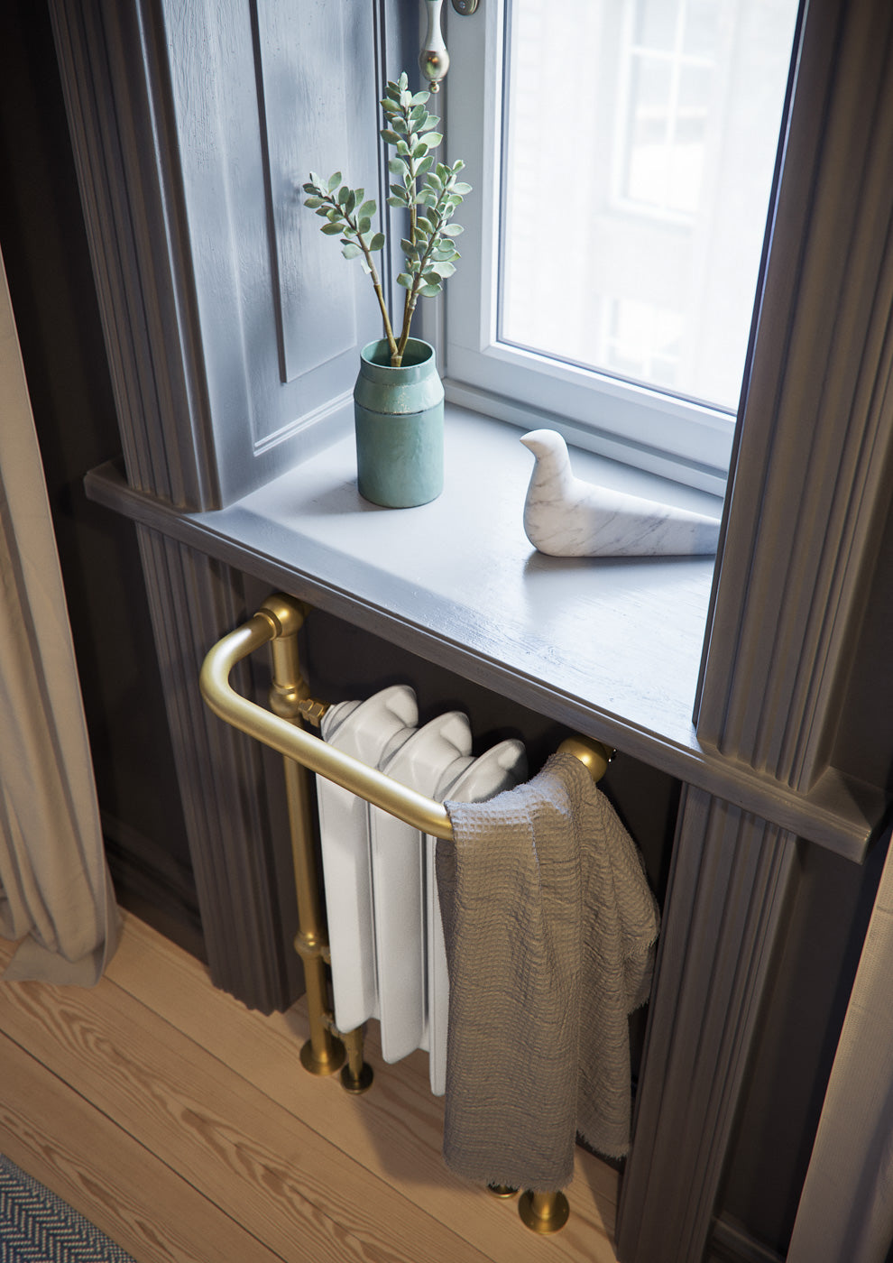 01_Terma-PLAIN-TOWEL-RAIL_-900h-x-490w_mm_-1217-BTUs_-Heated-Towel-Rail_-White-Soft-_Radiator_-_-Brass-_Surround