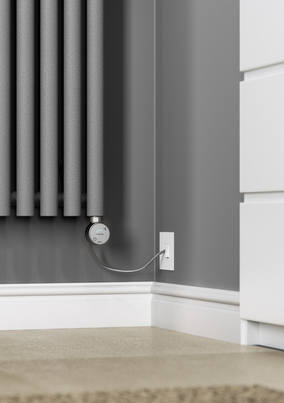 01_Terma-ROLO-ROOM-E-_Bluetooth_-1800h-x-370w_mm_-0.8-Kw-Electric-Radiator_-Textured-Salt-n-Pepper-Grey