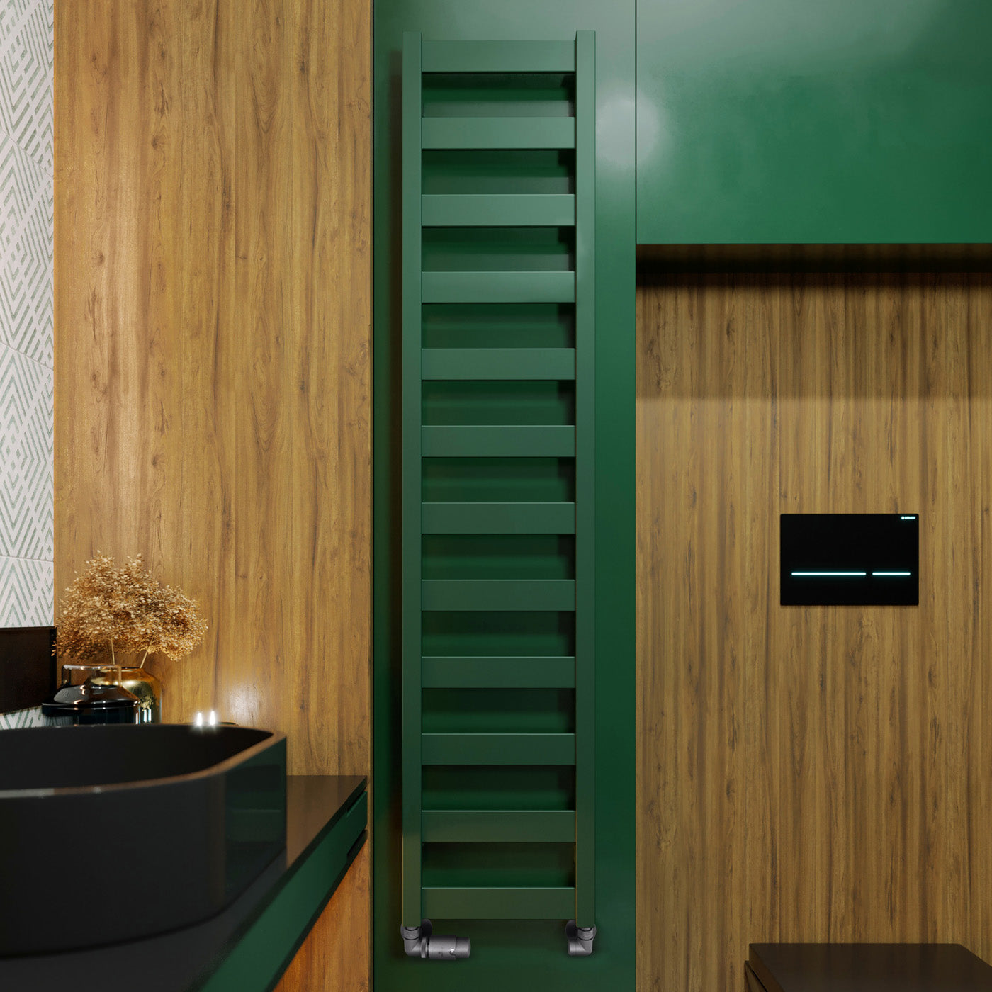 01_Terma-VIVO_-1390h-x-300w_mm_-1215-BTUs-Heated-Towel-Rail_-RAL-6028-_Matt_-Green