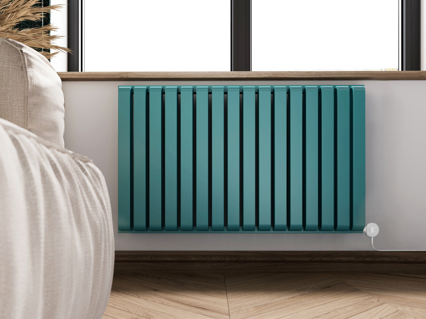 01_Terma-WARP-ROOM-E-_Wi-Fi_-UK-plug_-630h-x-1045w_mm_-1.2-Kw-Electric-Radiator_-Matt-Teal-_RAL-5018