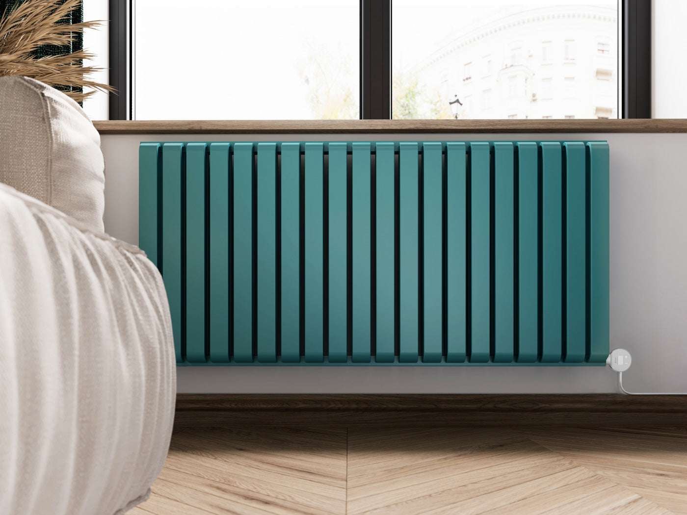 01_Terma-WARP-ROOM-E-_Wi-Fi_-UK-plug_-630h-x-1305w_mm_-1.5-Kw-Electric-Radiator_-Matt-Teal-_RAL-5018