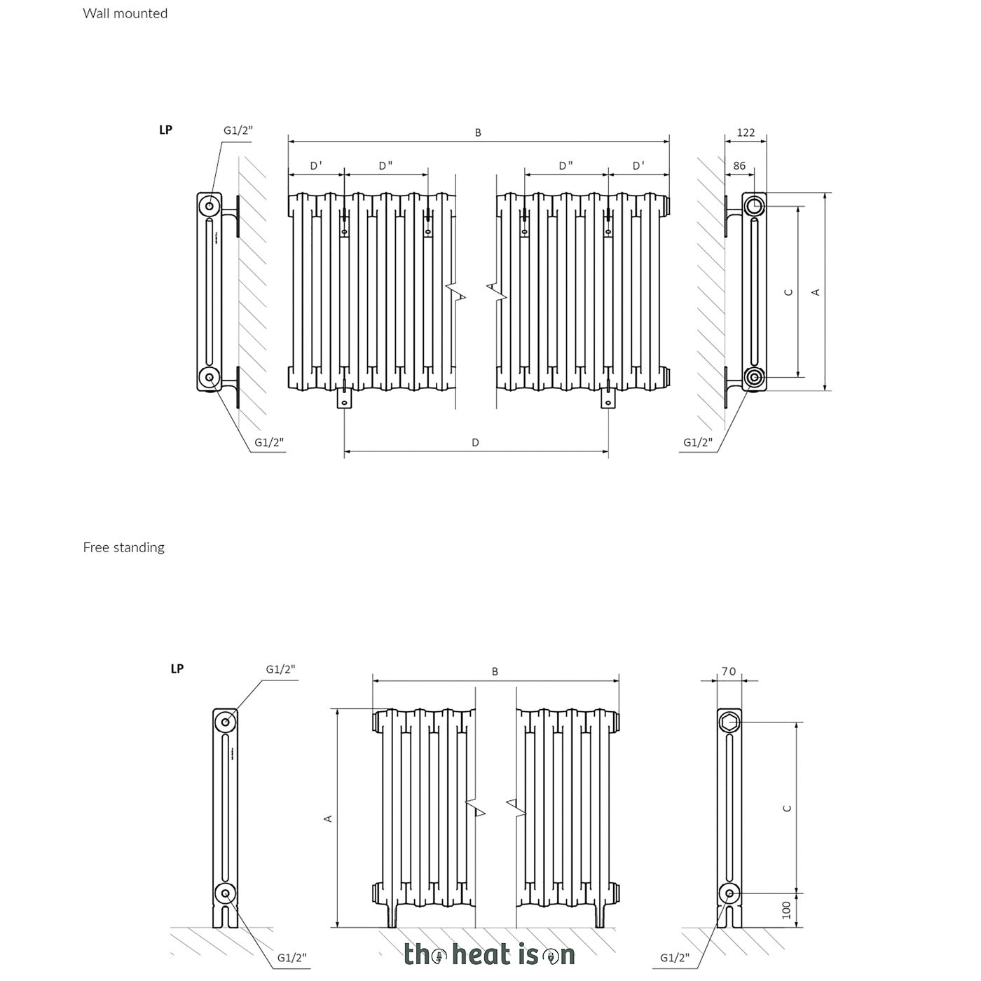 Terma BART, 640h x 852w(mm), 2479 BTUs, Cast Iron Radiator, 8 sections, Autumn