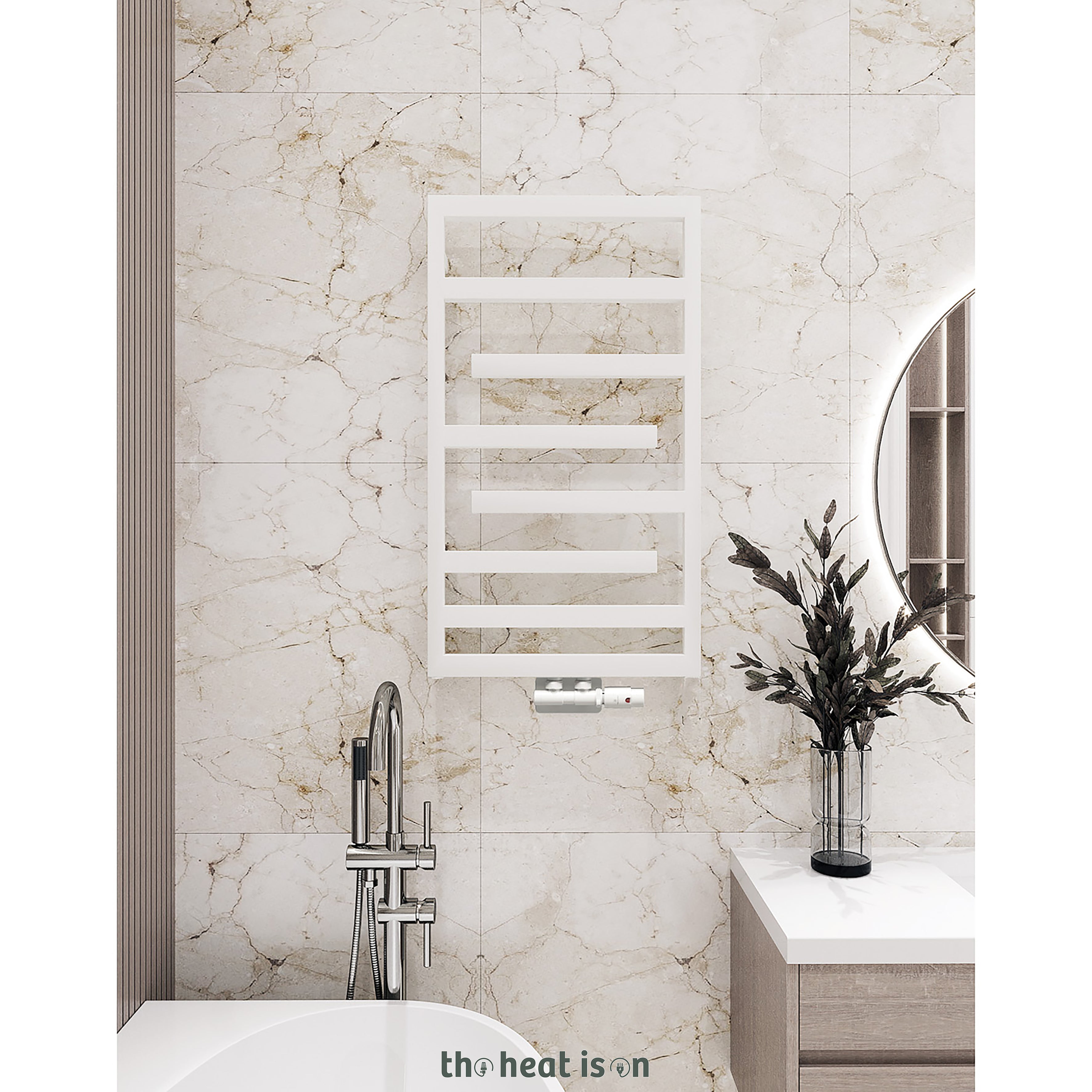 Terma JUNO, 880h x 500w(mm), 1232 BTUs Heated Towel Rail, RAL 9016 Matt White