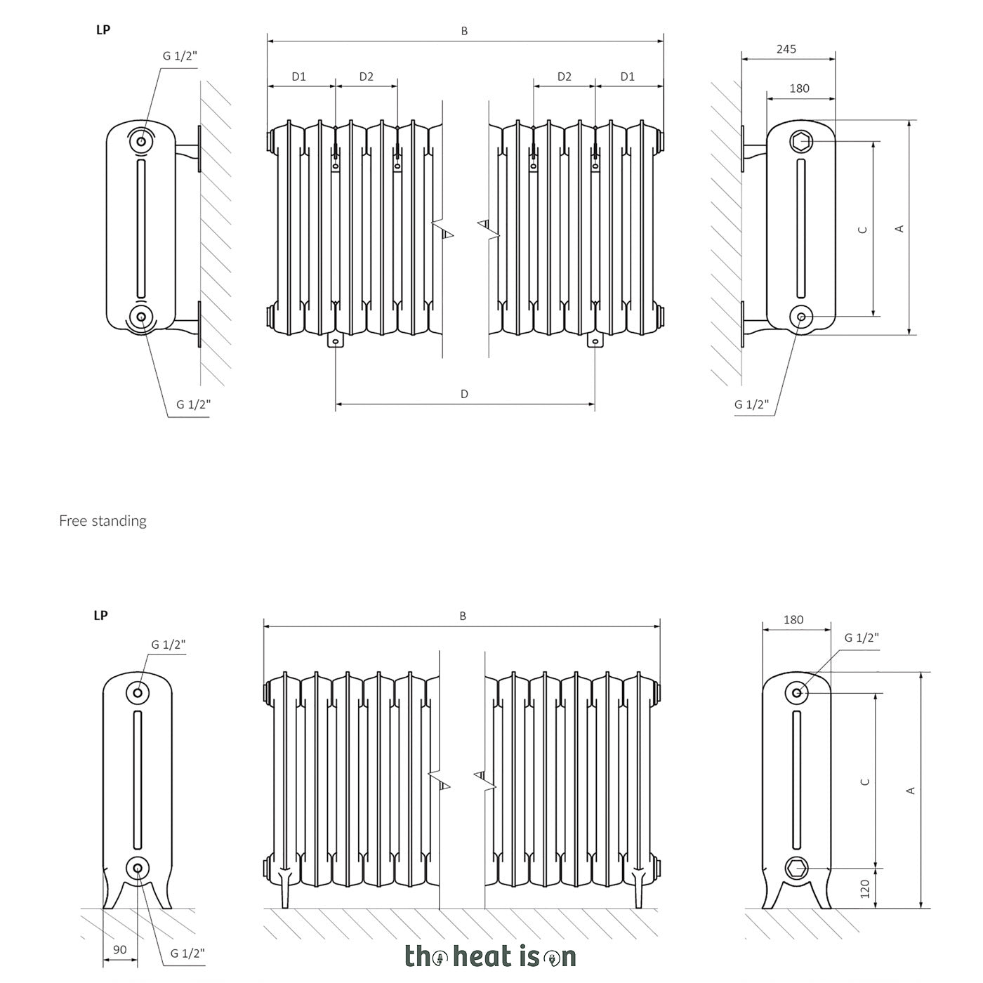 Terma KASZUB, 720h x 1098w(mm), 3276 BTUs, Floorstanding Horizontal Cast Iron Radiator, 13 sections, Antique Brass