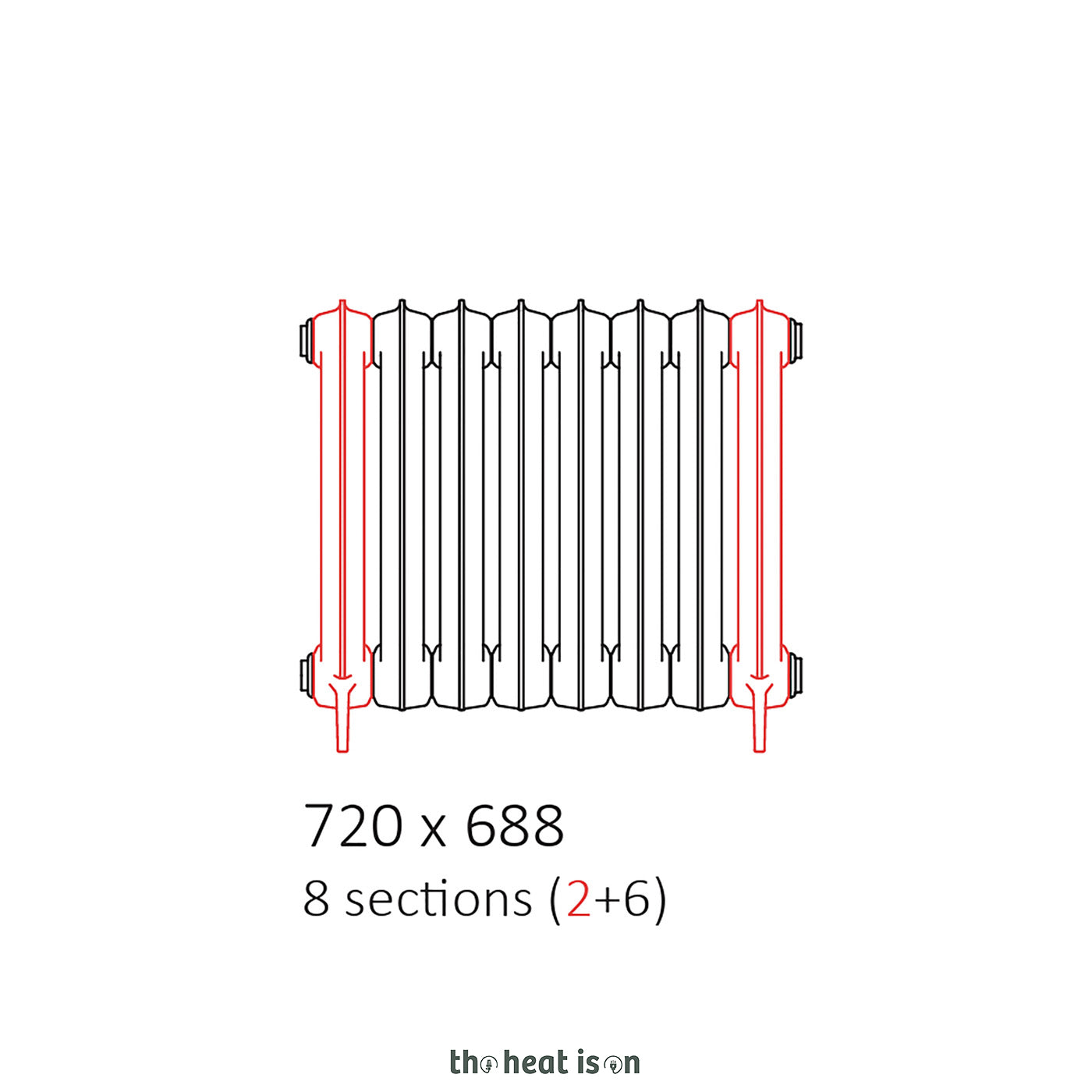 Terma KASZUB, 720h x 688w(mm), 3276 BTUs, Floorstanding Horizontal Cast Iron Radiator, 8 sections, Raw Metal