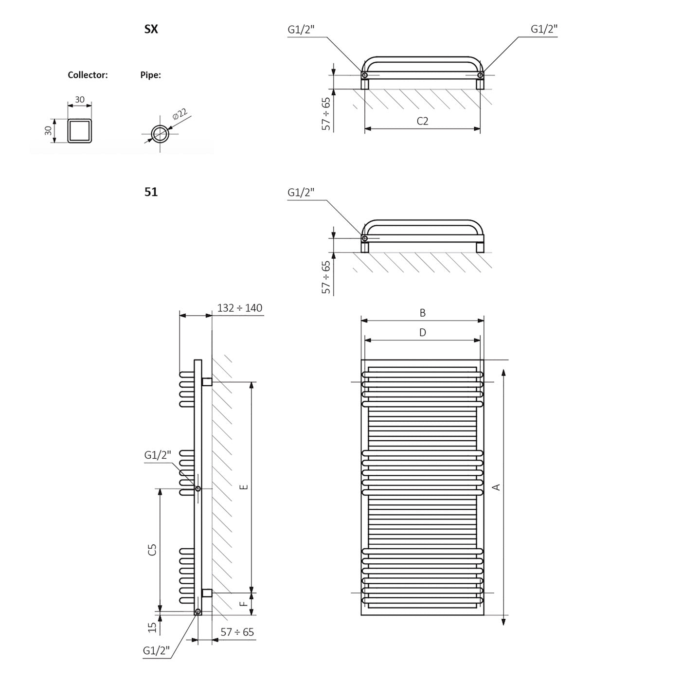 Terma POC 2, 1240h x 600w(mm), 3047 BTUs, Heated Towel Rail, RAL 3003 Matt Ruby Red