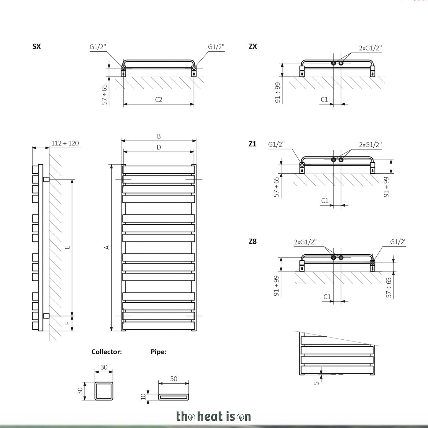 Terma WARP T BOLD, 1110h x 500w(mm), 2661 BTUs, Heated Towel Rail, RAL 8000 Matt Green Brown
