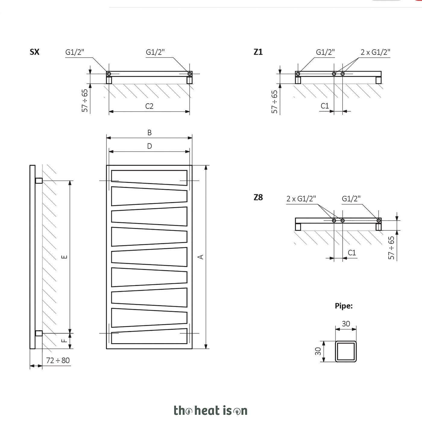 Terma ZIG ZAG, 1310h x 500w(mm), 1672 BTUs, Heated Towel Rail, Heban