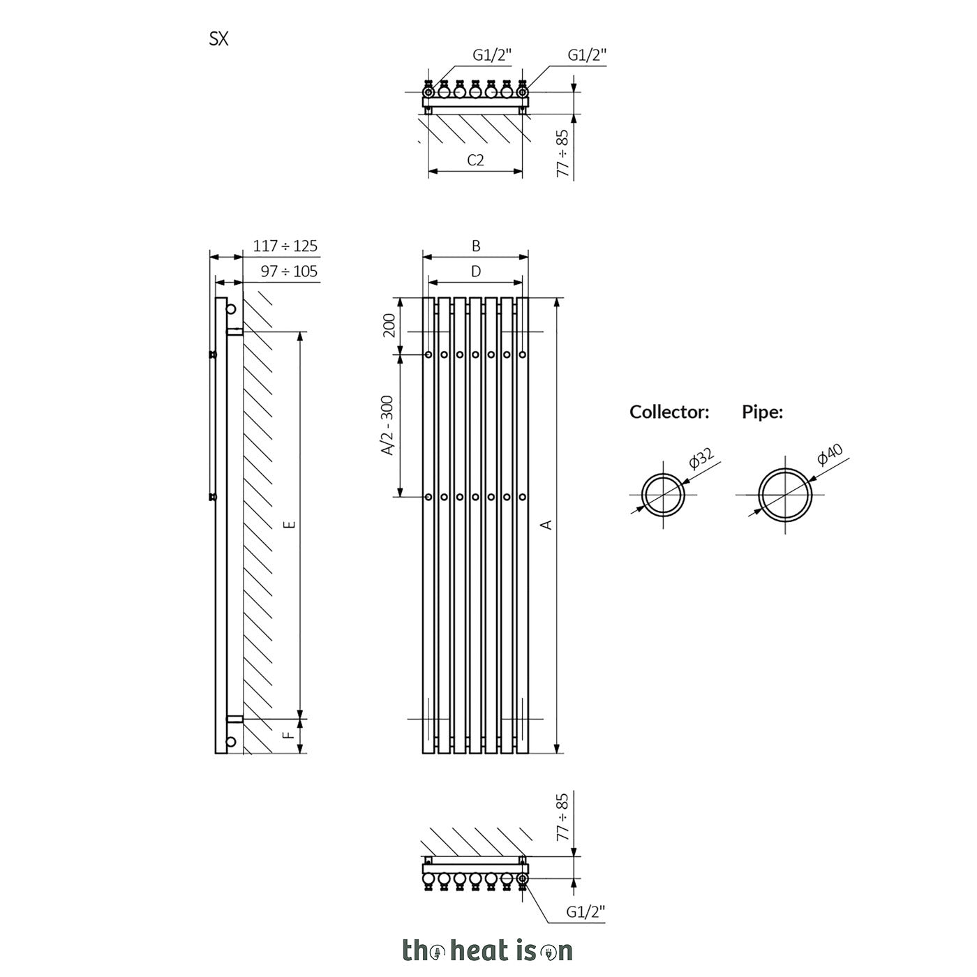 Terma ROLO HANGER (Double Hanger Rows), 1800h x 205w(mm), 1617 BTUs, Vertical Designer Radiator, RAL 9016 Matt White