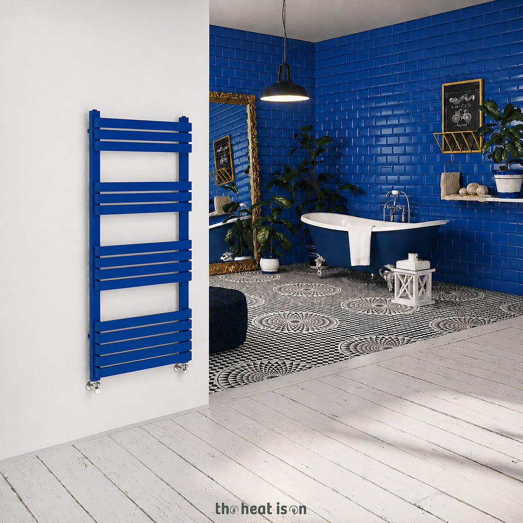 DQ TESORO, 1200h x 500w(mm), 2678 BTUs Heated Towel Rail, RAL 5005 Matt Signal Blue