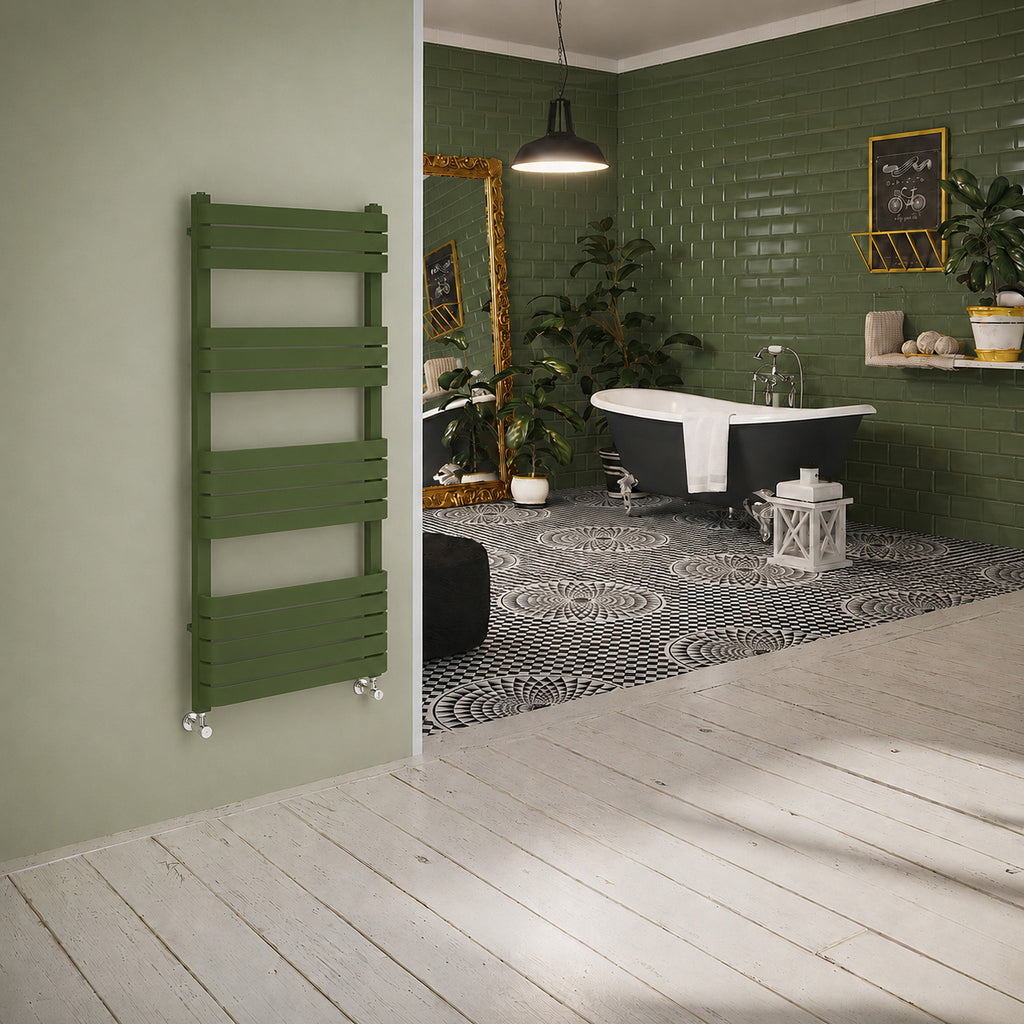 DQ TESORO, 1200h x 500w(mm), 2678 BTUs Heated Towel Rail, RAL 6025 Matt Fern Green