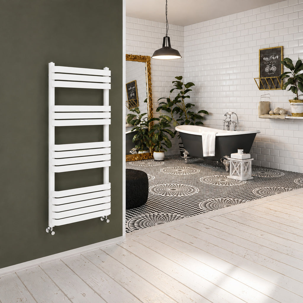 DQ TESORO, 1200h x 500w(mm), 2678 BTUs Heated Towel Rail, RAL 9016 Silk White