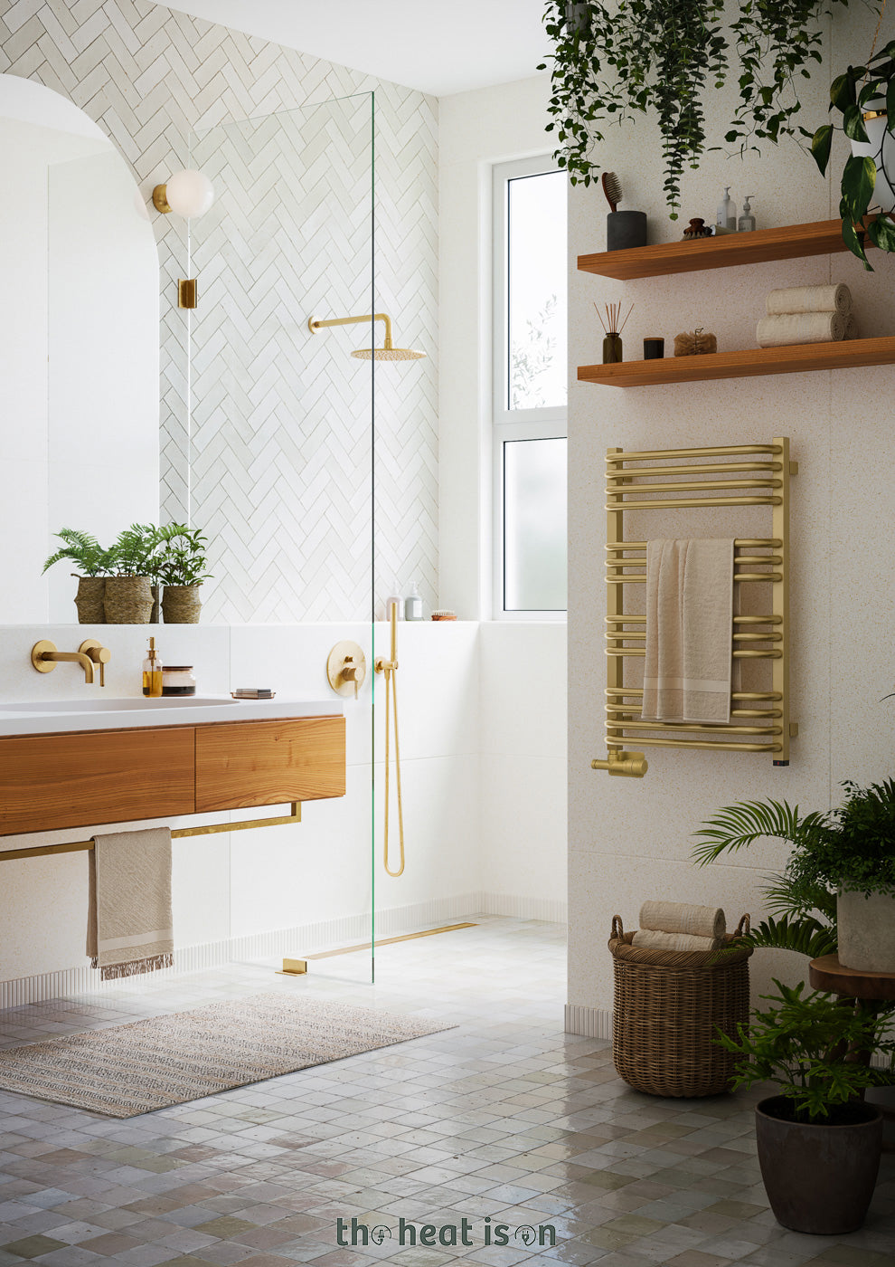 02-terma-alex-one-dual-fuel-towel-rail-760h-x-500wmm-1406-btus-400w-brass-premium-wet-paint-with-unico-dual-fuel-valve-in-chrome-internal-one-element-45-60oc