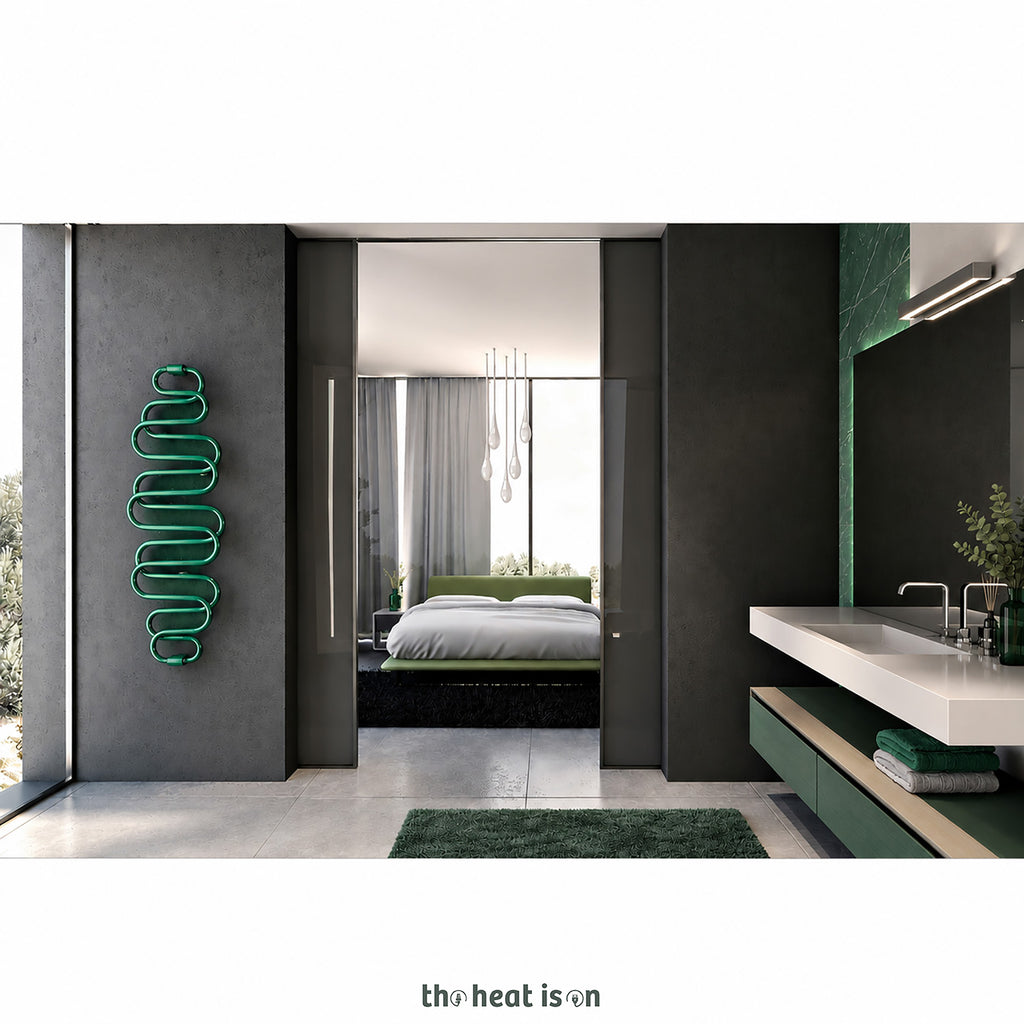 Terma PERLA E, 1360h x 500w(mm), 284w Dry Electric Towel Rail (with heating wire), RAL 6026 Opal Green (simple on/off button, no timer/no drying func.)