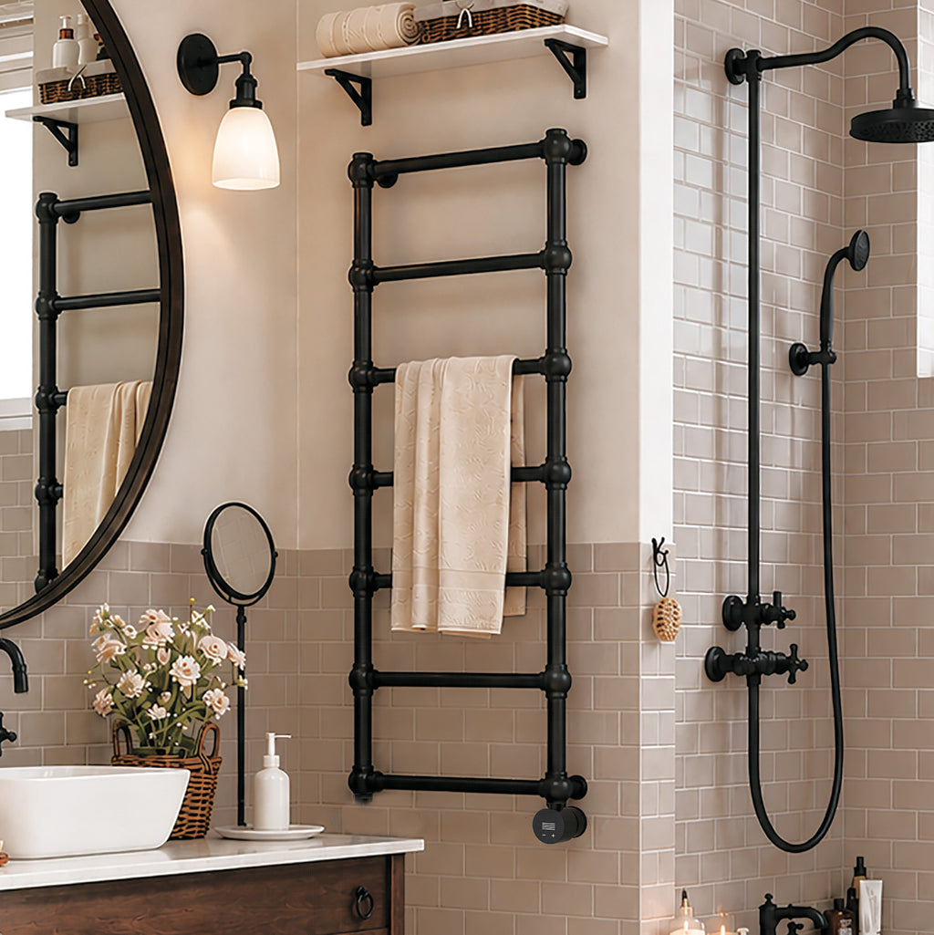Terma RETRO E, 1170h x 504w(mm), 300w Oil Filled Electric Towel Rail, RAL 9005 Black (choice of finishes) with VEO Heating Element (30x Wi-Fi/manual control settings (15 to 30¡c room temp.), 7 day timer/2 hour drying func.