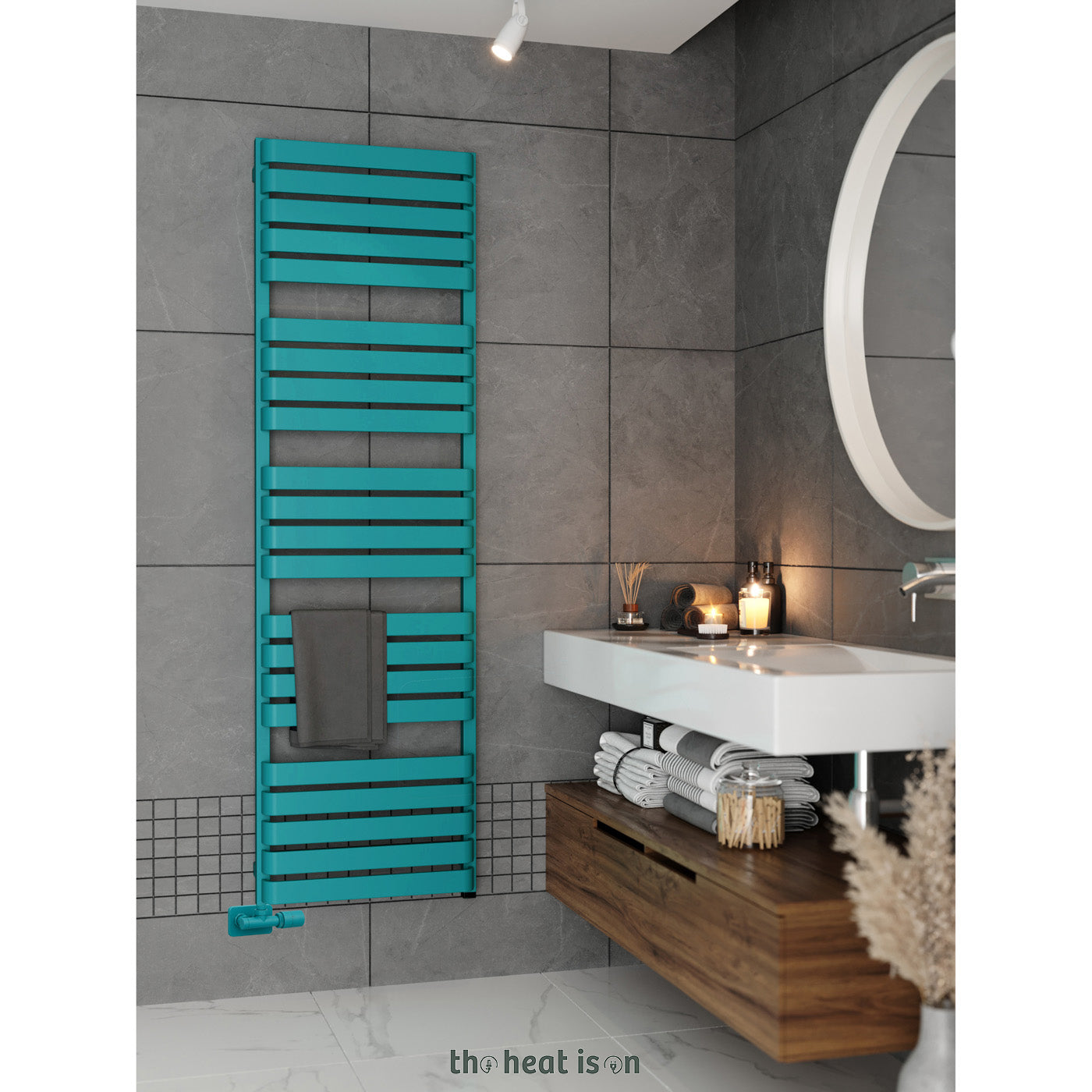 02-terma-warp-t-one-dual-fuel-towel-rail-1695Xh-x-500wmm-2887-btus-800w-matt-teal-ral-5018-with-unico-dual-fuel-valve-in-chrome-internal-one-element-45-60oc