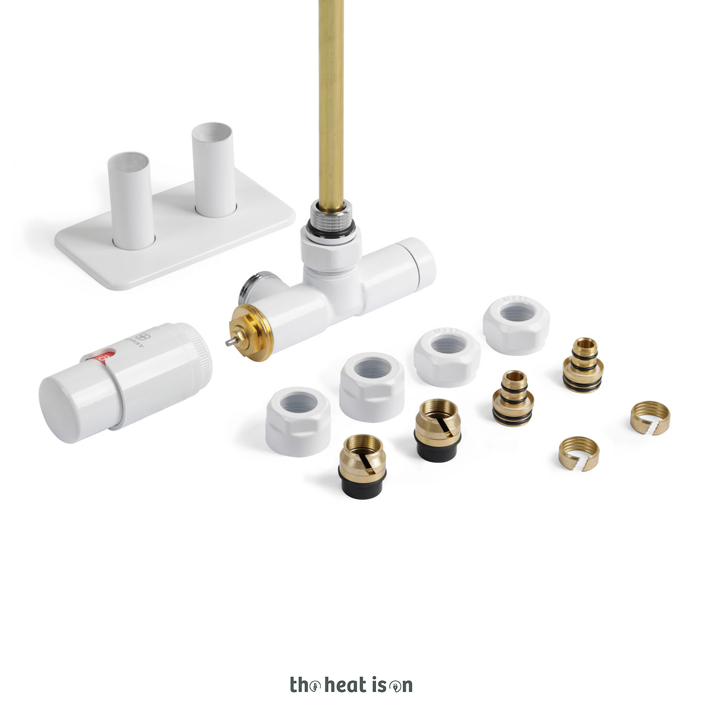 Thermostatic 50mm Radiator Valves (TRVs) with Immersion Tube (for Dual Fuel or Single Entry Point Radiator) & Pipe Masking, Matt White (RAL 9016), LEFT SIDED, ANGLED, UNICO