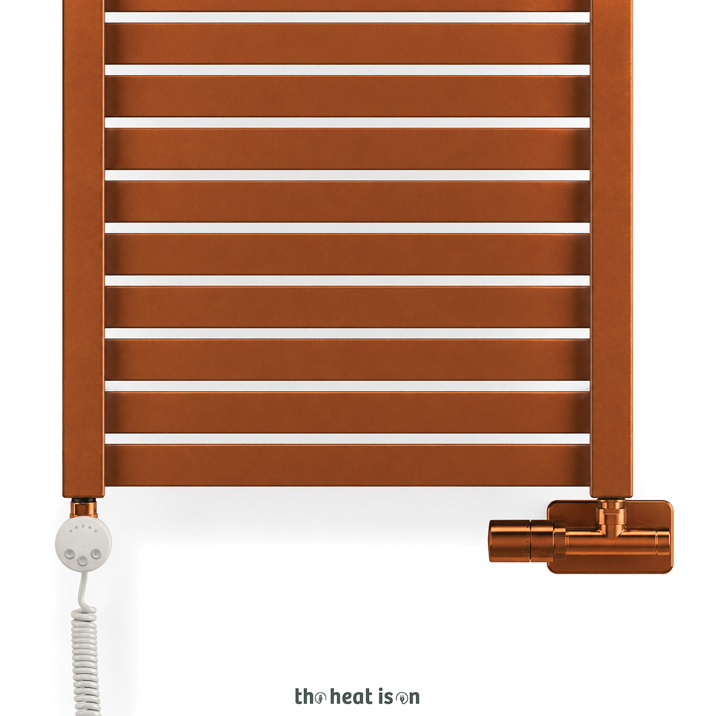 Thermostatic 50mm Radiator Valves (TRVs) with Immersion Tube (for Dual Fuel or Single Entry Point Radiator) & Pipe Masking, True Copper (premium wet paint), LEFT SIDED, ANGLED, UNICO
