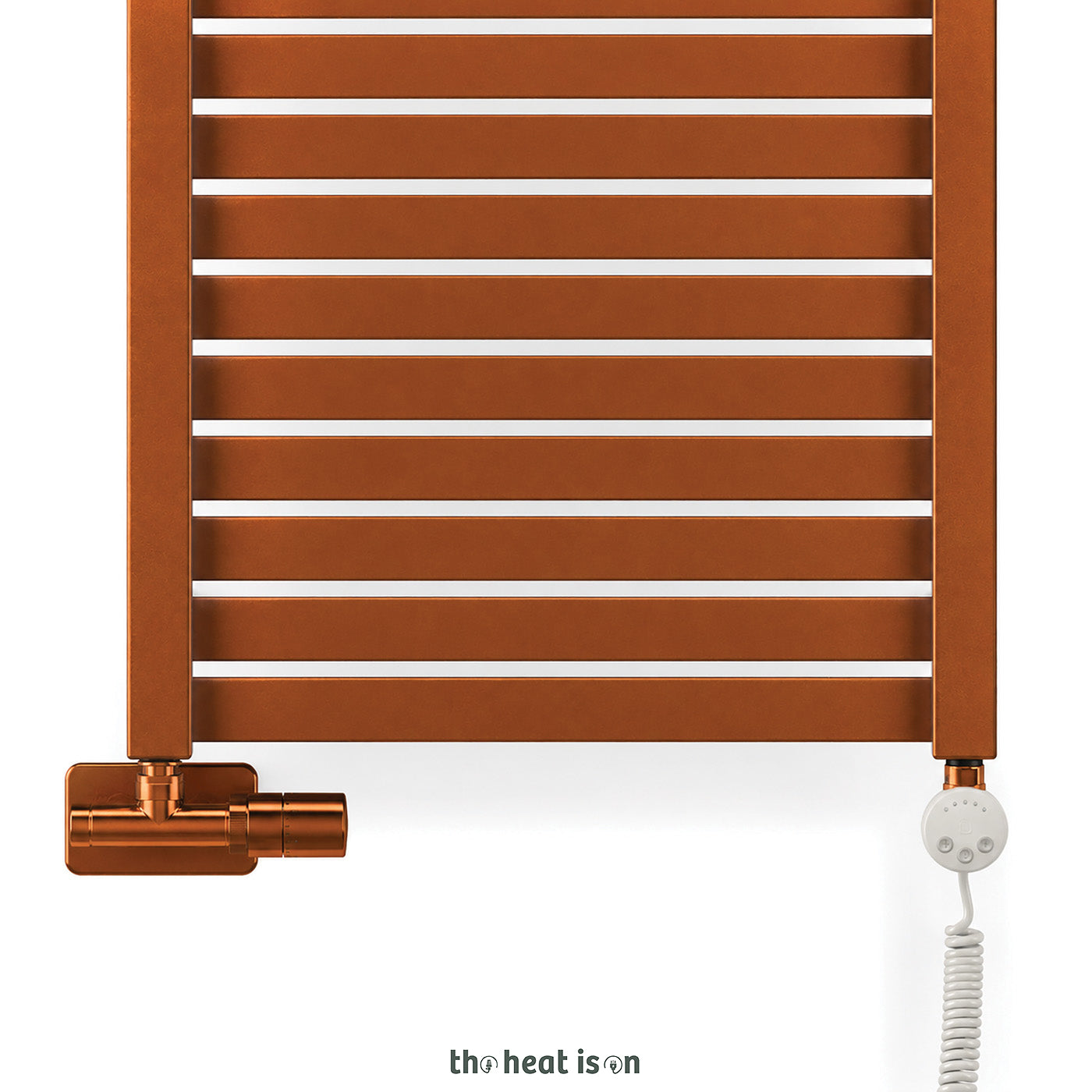 Thermostatic 50mm Radiator Valves (TRVs) with Immersion Tube (for Dual Fuel or Single Entry Point Radiator) & Pipe Masking, True Copper (premium wet paint), RIGHT SIDED, ANGLED, UNICO