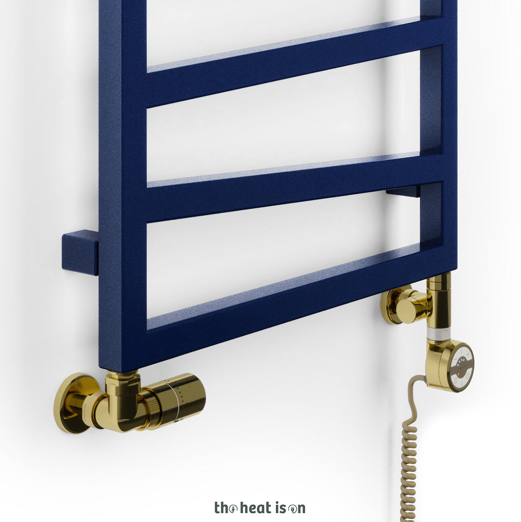 Thermostatic Radiator Valves (TRVs) with Integrated T Piece (for Dual Fuel) & Pipe Masking, Gold, LEFT SIDED, 3 AXIS (CORNER), INTEGRA