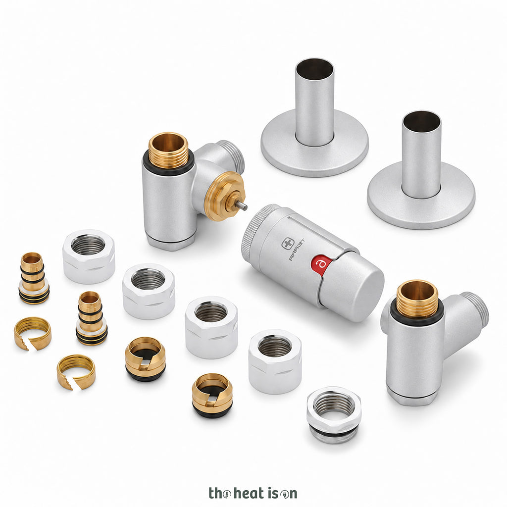 Thermostatic Radiator Valves (TRVs) with Integrated T Piece (for Dual Fuel) & Pipe Masking, Matt Silver, LEFT SIDED, 3 AXIS (CORNER), INTEGRA