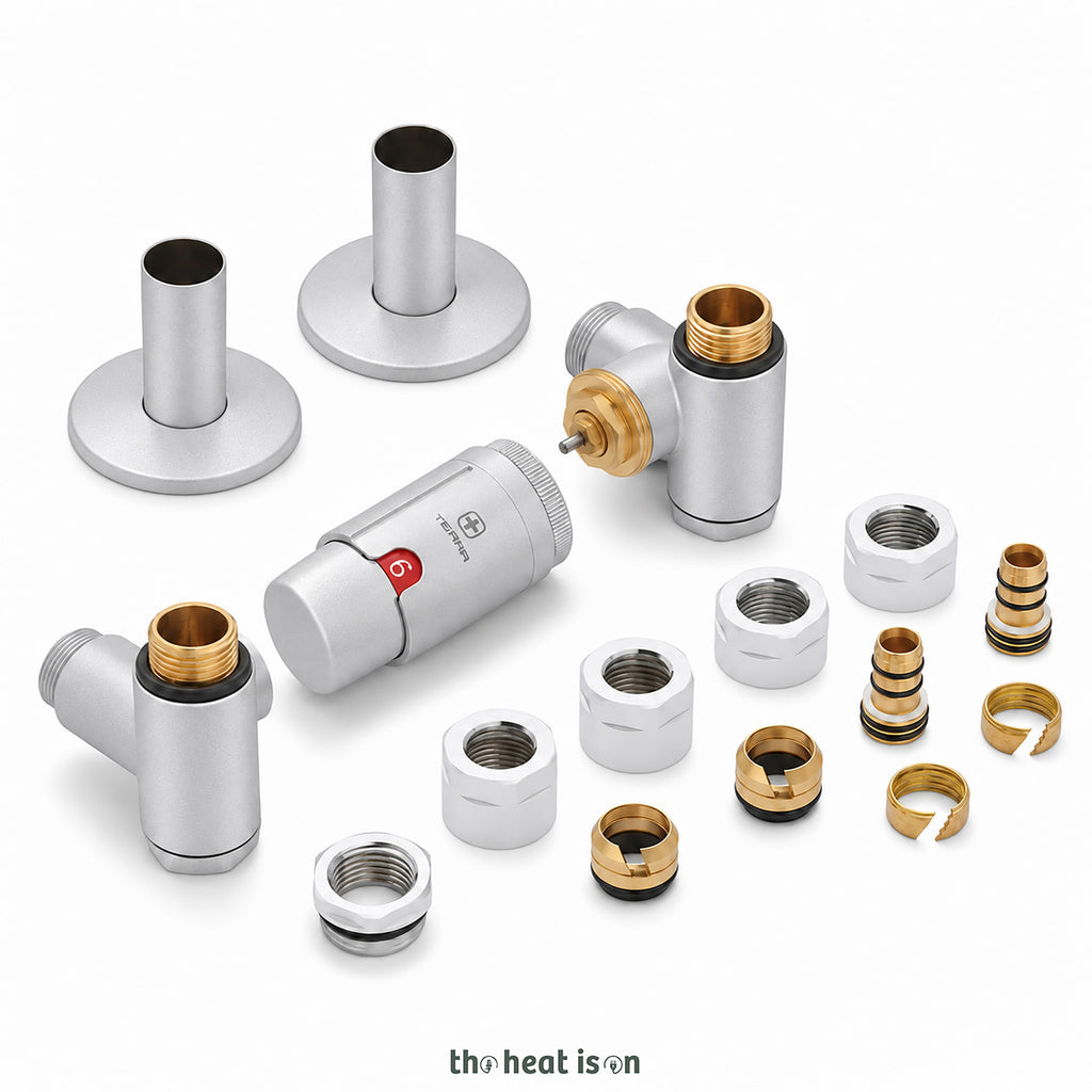 Thermostatic Radiator Valves (TRVs) with Integrated T Piece (for Dual Fuel) & Pipe Masking, Matt Silver, RIGHT SIDED, 3 AXIS (CORNER), INTEGRA