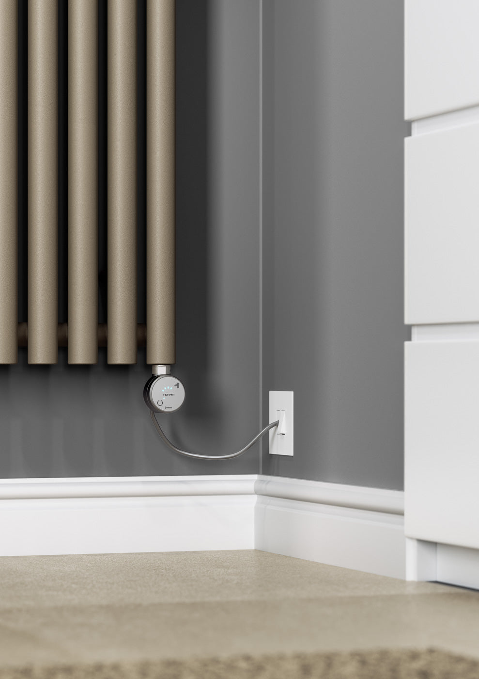 02_Terma-ROLO-ROOM-E-_Bluetooth_-1800h-x-370w_mm_-0.8-Kw-Electric-Radiator_-Textured-Mocha-Brown