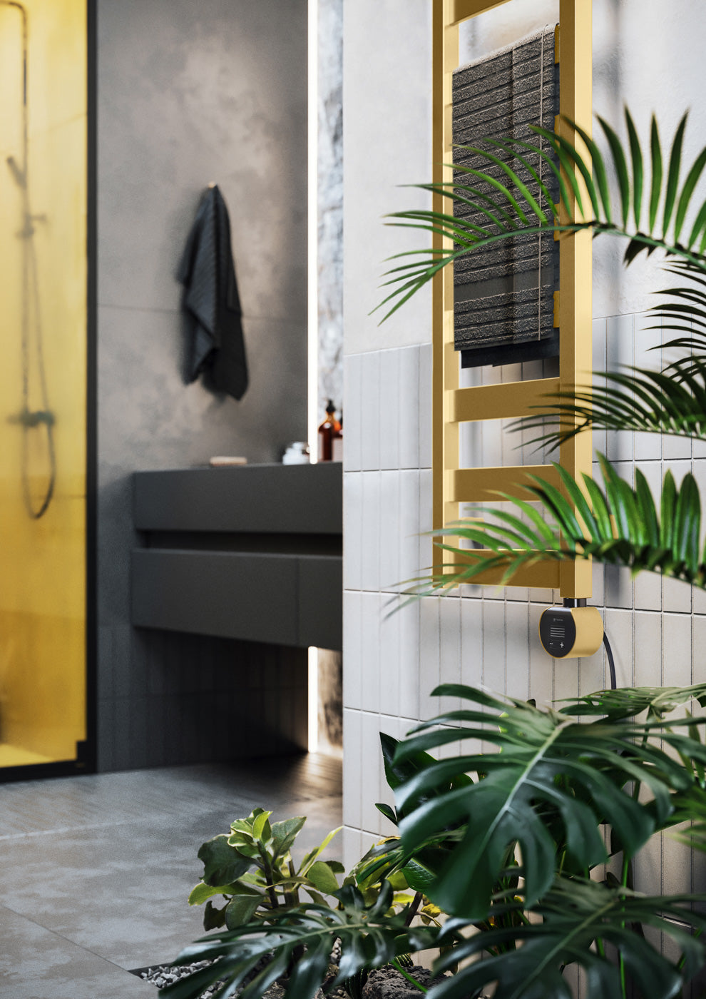 02_Terma-VIVO-_Wi-Fi_-15-28-deg._-1390h-x-300w_mm_-400w-Electric-Towel-Rail_-Matt-Brass-_matching-colour-element