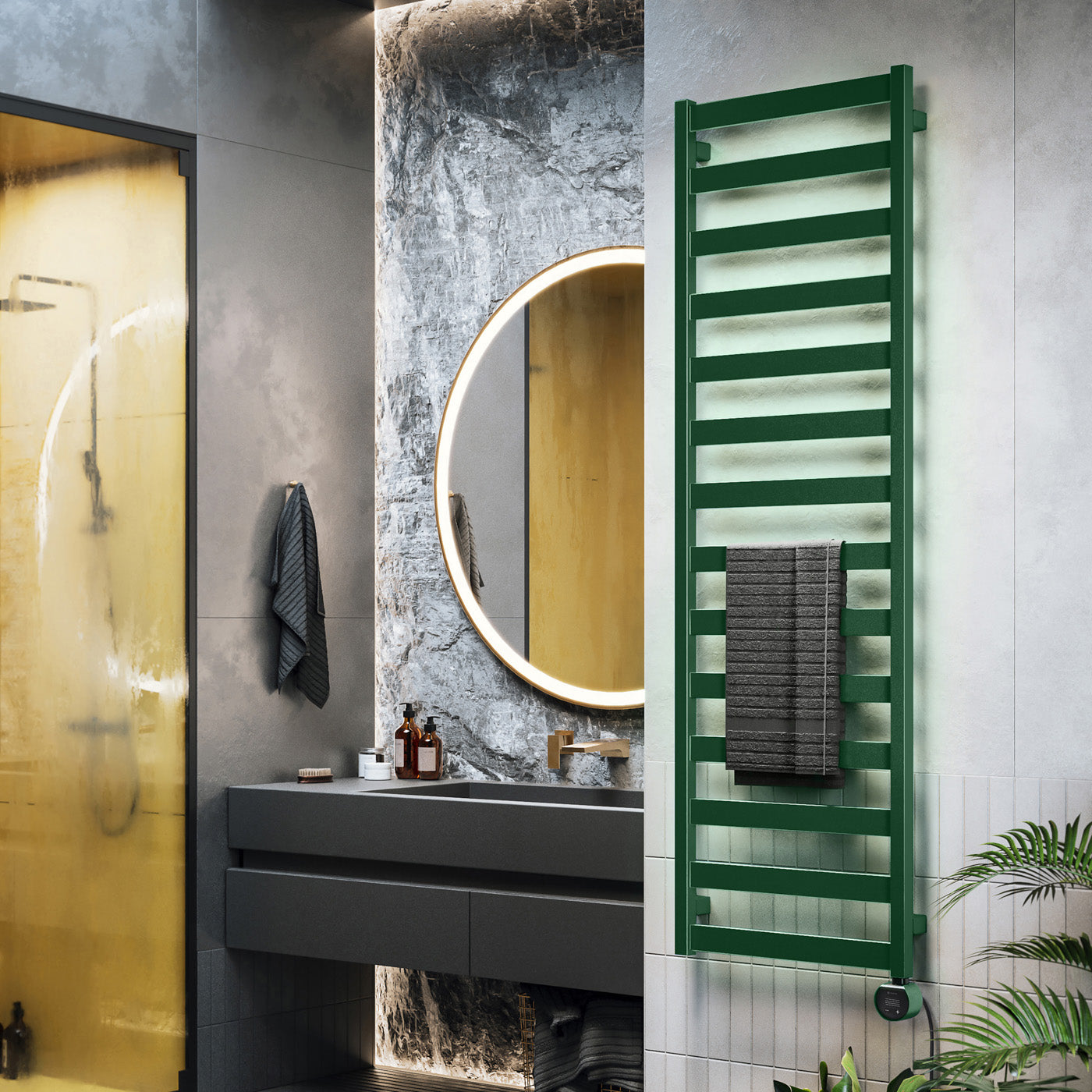 02_Terma-VIVO-_Wi-Fi_-15-28-deg._-1630h-x-500w_mm_-600w-Electric-Towel-Rail_-Matt-Green-_RAL-6028_-_matching-colour-element