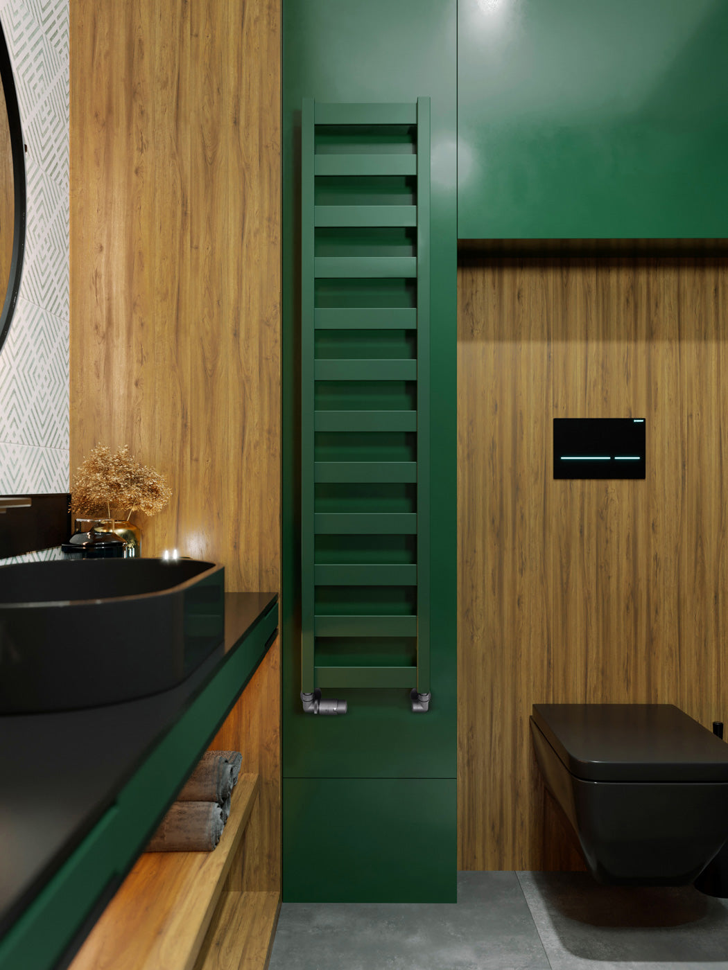 02_Terma-VIVO_-1390h-x-300w_mm_-1215-BTUs-Heated-Towel-Rail_-RAL-6028-_Matt_-Green
