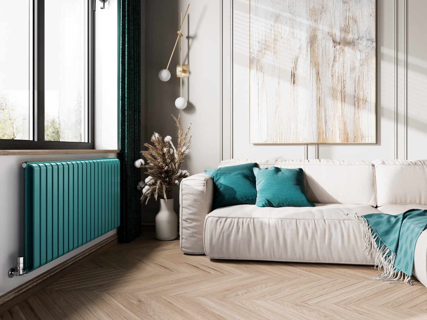 02_Terma-WARP-ROOM_-630h-x-1305w_mm_-4931-BTUs-Heated-Towel-Rail_-RAL-5018-_Matt_-Teal