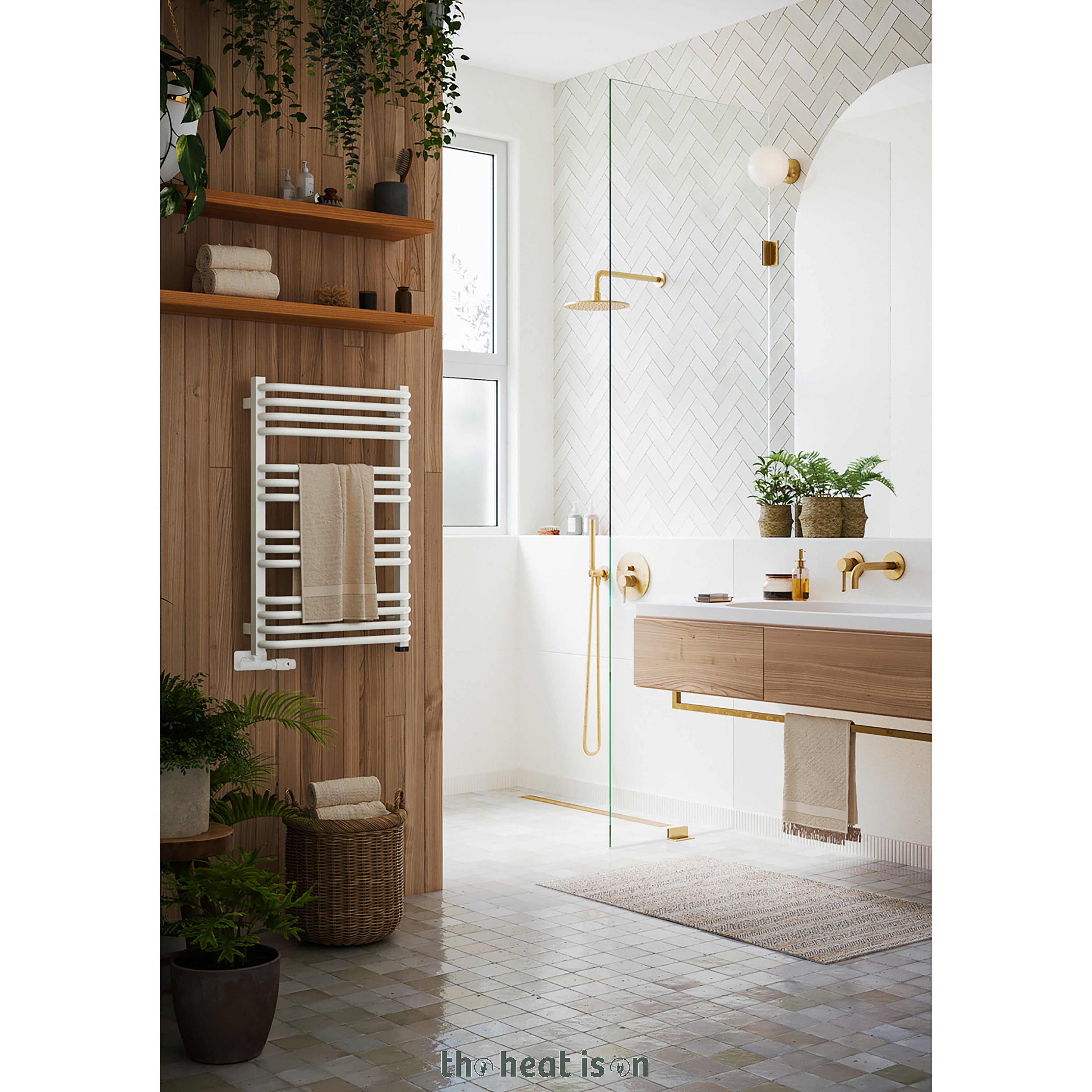 Terma ALEX ONE Dual Fuel Towel Rail, 760h x 500w(mm), 1406 BTUs/400w, Matt White RAL 9016 (with UNICO Dual Fuel Valve in Soft Matt White & Internal ONE Element (manual/optional IR controllable), 45/60°c)