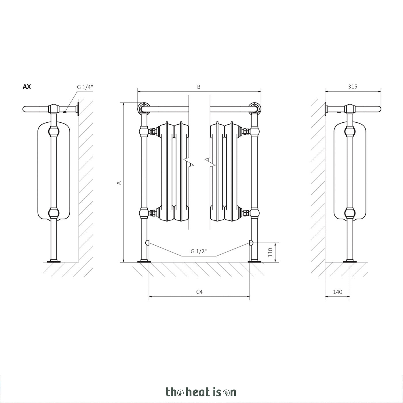 Terma PLAIN TOWEL RAIL, 1200h x 650w(mm), 3518 BTUs, Cast Iron Heated Towel Rail, White Soft (Radiator) Chrome (Surround)