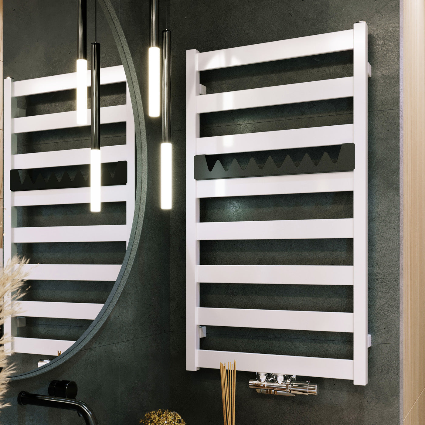 Terma VIVO, 910h x 500w(mm), (50mm Central Connections) 1194 BTUs Heated Towel Rail, 50mm Central Connections, RAL 9016 Matt White