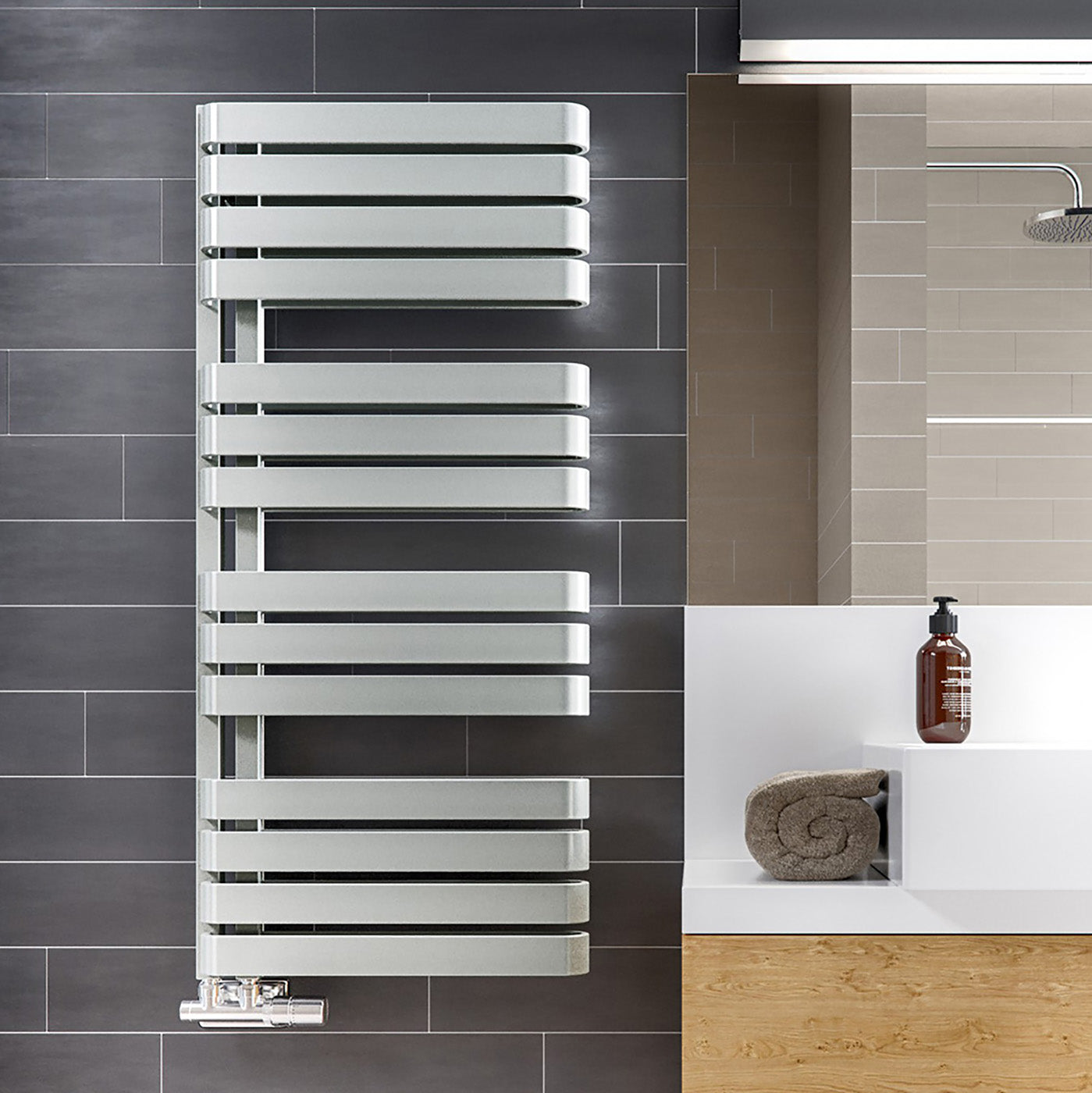 Terma WARP S, 1110h x 500w(mm), 2607 BTUs, Heated Towel Rail, Diamond Silver