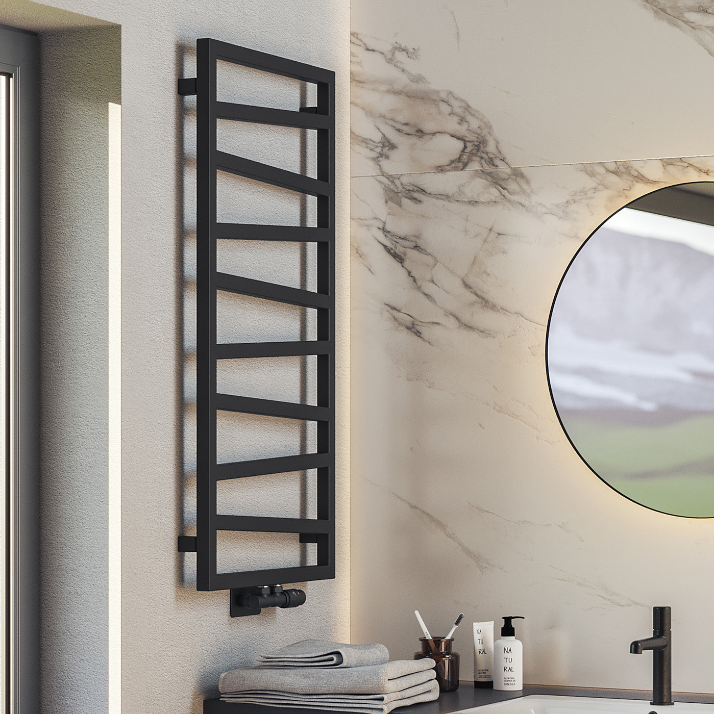 Terma ZIG ZAG, 1070h x 500w(mm), 1385 BTUs Heated Towel Rail, 50mm Central Connections, Metallic Black