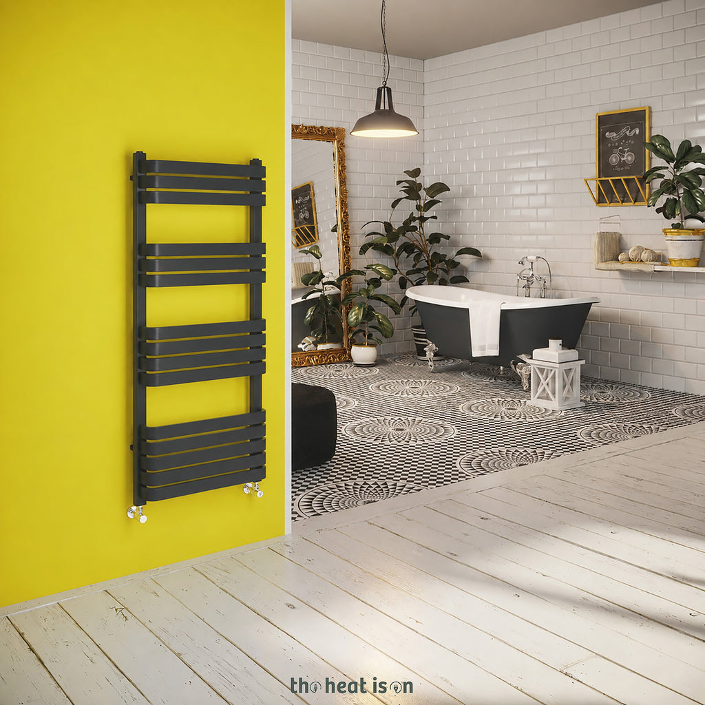 DQ TESORO, 1200h x 500w(mm), 2678 BTUs Heated Towel Rail, RAL 7016 Textured Anthracite Grey