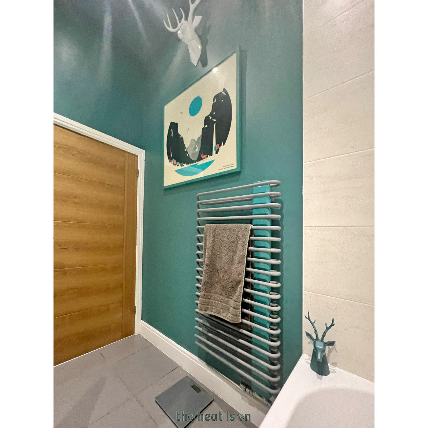 Terma MICHELLE, 1200h x 600w(mm), 2018 BTUs, Heated Towel Rail, Salt n Pepper (Bars) / RAL 5018 Teal (Masking)